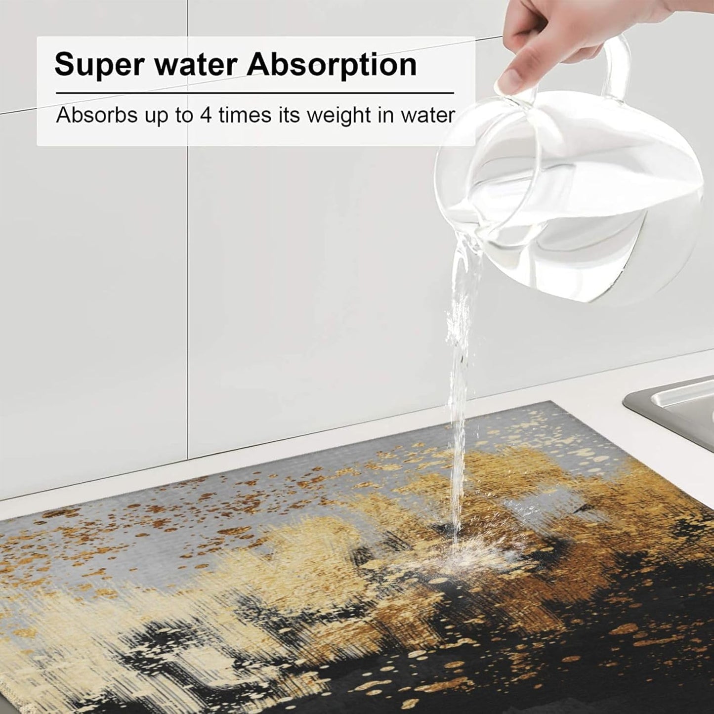 Black Gold Art Splash Dish Drying Mat for Kitchen Counter, Absorbent Microfiber Abstract Modern Drying Pad, 16 x 18 inch, Luxury Decorative Foldable Kitchen Mat for Sink & Coffee Bar, Black Home Decor