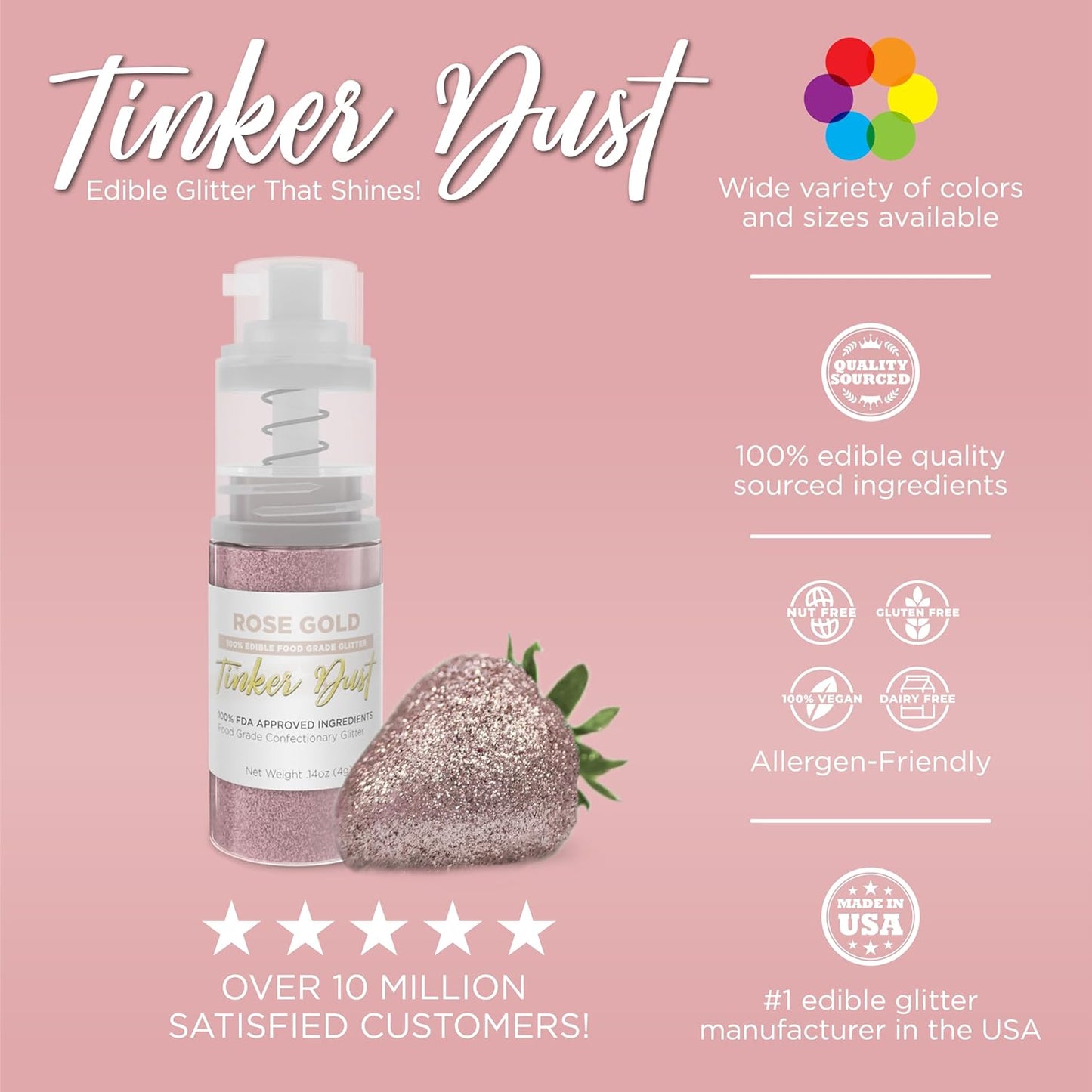 Bakell - Rose Gold Tinker Dust (4g, 1x Mini Spray Pump) Edible Glitter for Food, Desserts, and Beverages!