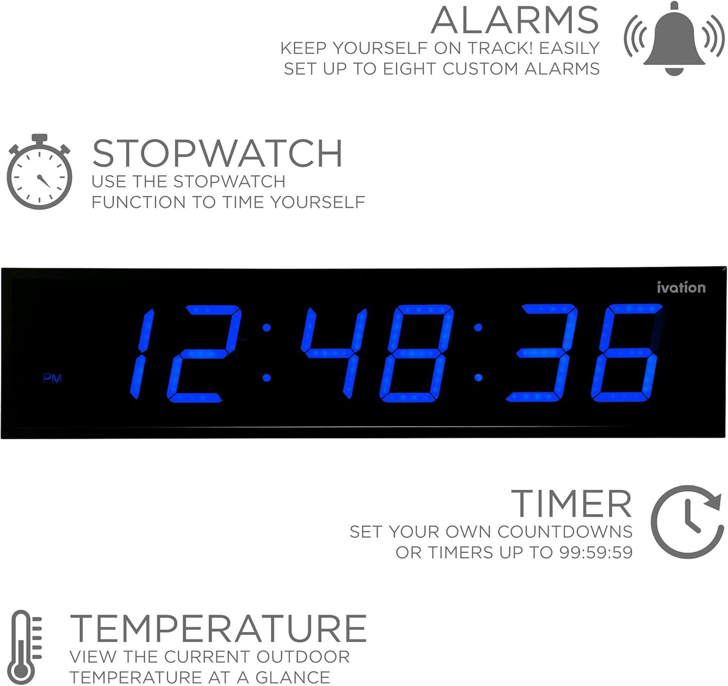 Ivation Oversized 24" Large Digital LED Clock | Big Digital Clock w/Multi-Function Display – Stopwatch, Timer, Alarms, Temp & Date | 6 Brightness Levels, Time Memory & Remote (Blue)