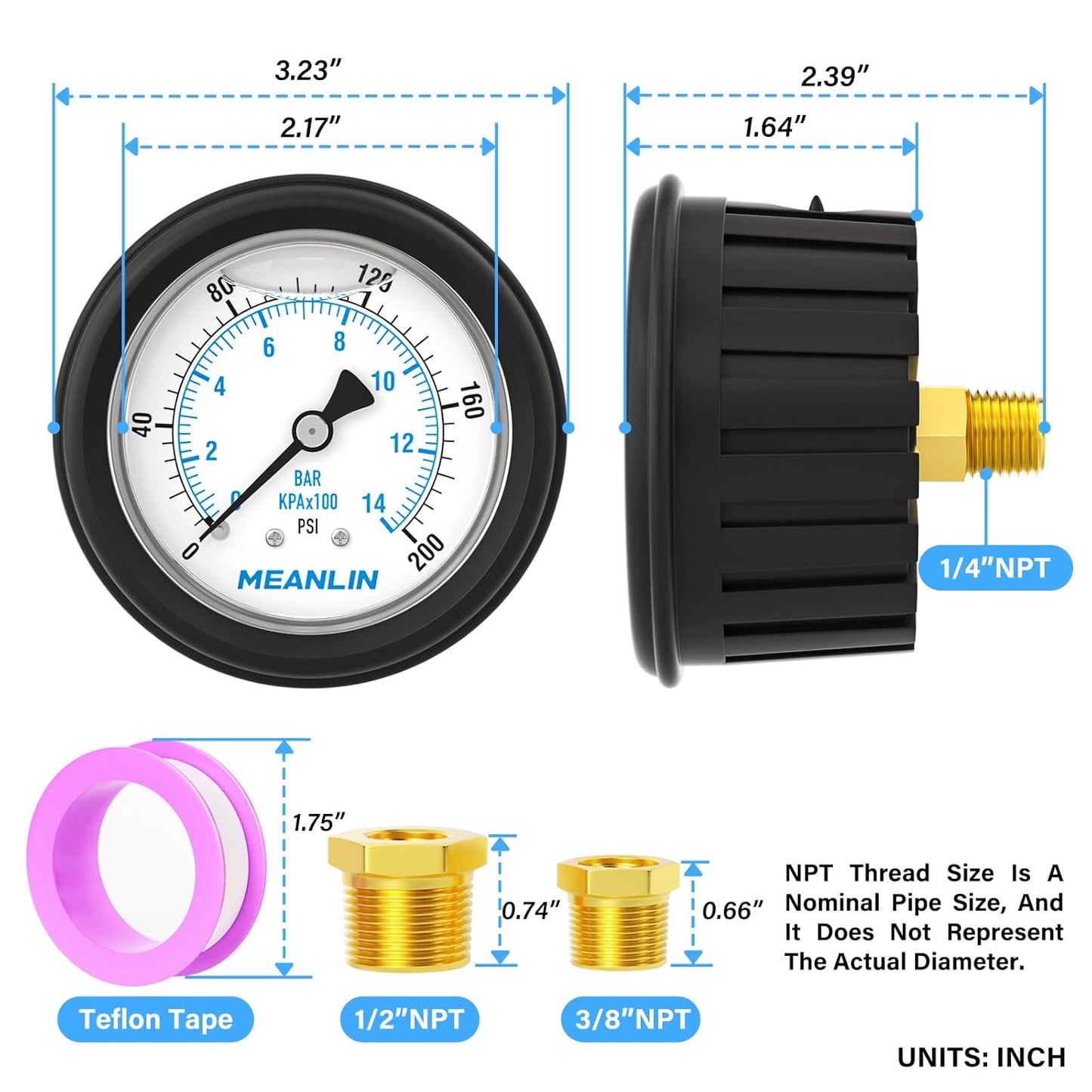 MEANLIN MEASURE 0~200Psi Stainless Steel 1/4" NPT 2.5" FACE DIAL,Liquid Filled Pressure Gauge, Center Back Mount (with Rubber Protective Sleeve), with 1/2" NPT and 3/8" NPT Hex Bushing