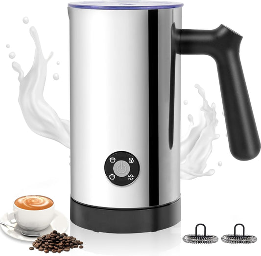 Milk Frother, 4-in-1 Milk Frother and Steamer, 10.6oz Electric Milk Steamer, Automatic Cold and Hot Foam maker for Lattes, Cappuccinos, Non-stick Coating Interior (Polished)