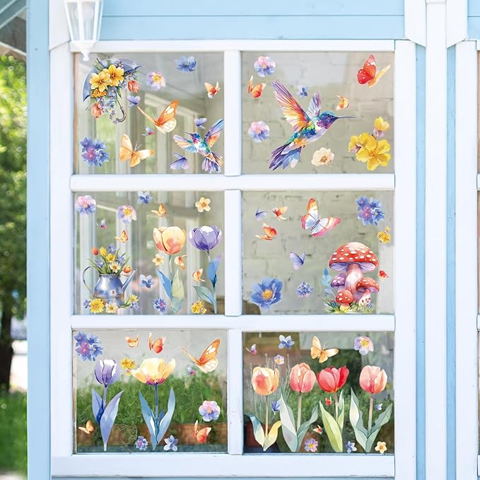 DC-BEAUTIFUL 116 PCS Spring Window Clings, 9 Sheets Double-Sided Hummingbird Butterfly Flower Easter Window Stickers, Reusable Static Floral Window Decals for Home School Office Party Decors