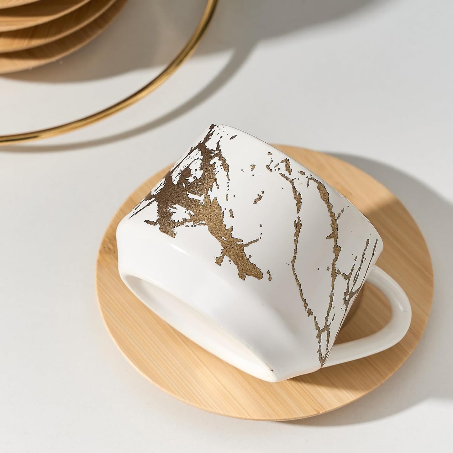 LUKA Ceramic Espresso Cups with Saucers and Metal Stand, Small 4 oz Porcelain Demitasse Cups Set of 6, Cute Cappuccino Coffee Cups for Double Espresso, Tea, Marbling White