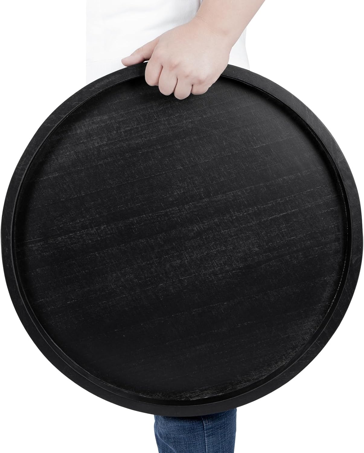 Round Ottoman Tray for Coffee Table Living Room Wood Serving Tray Large Wooden 24 Inches Black