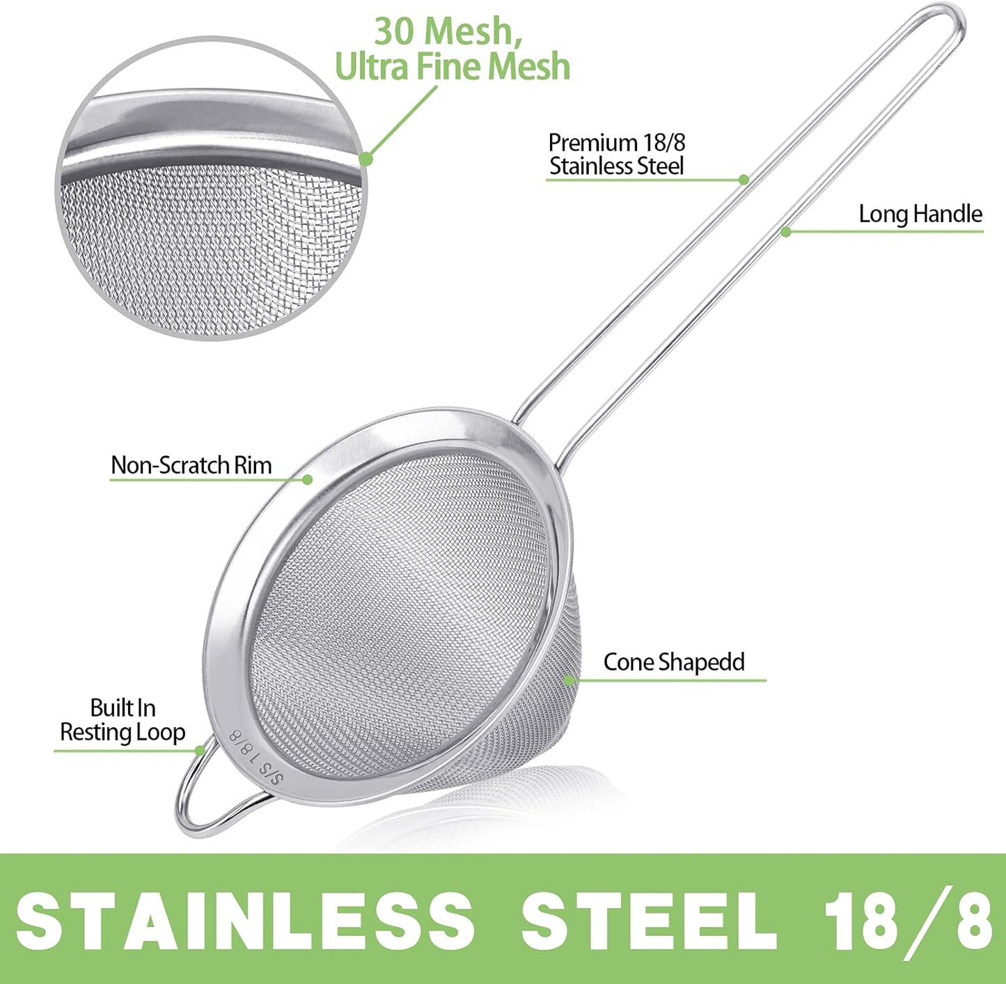 2 Pack Stainless Steel 18/8 Small Food Strainer, Fine Mesh Sieve with Long Handle, Cocktail Strainer For Cocktails, Tea Herbs, Coffee & Drinks, Rust Proof & Great as Tea Strainer, 3.5inch