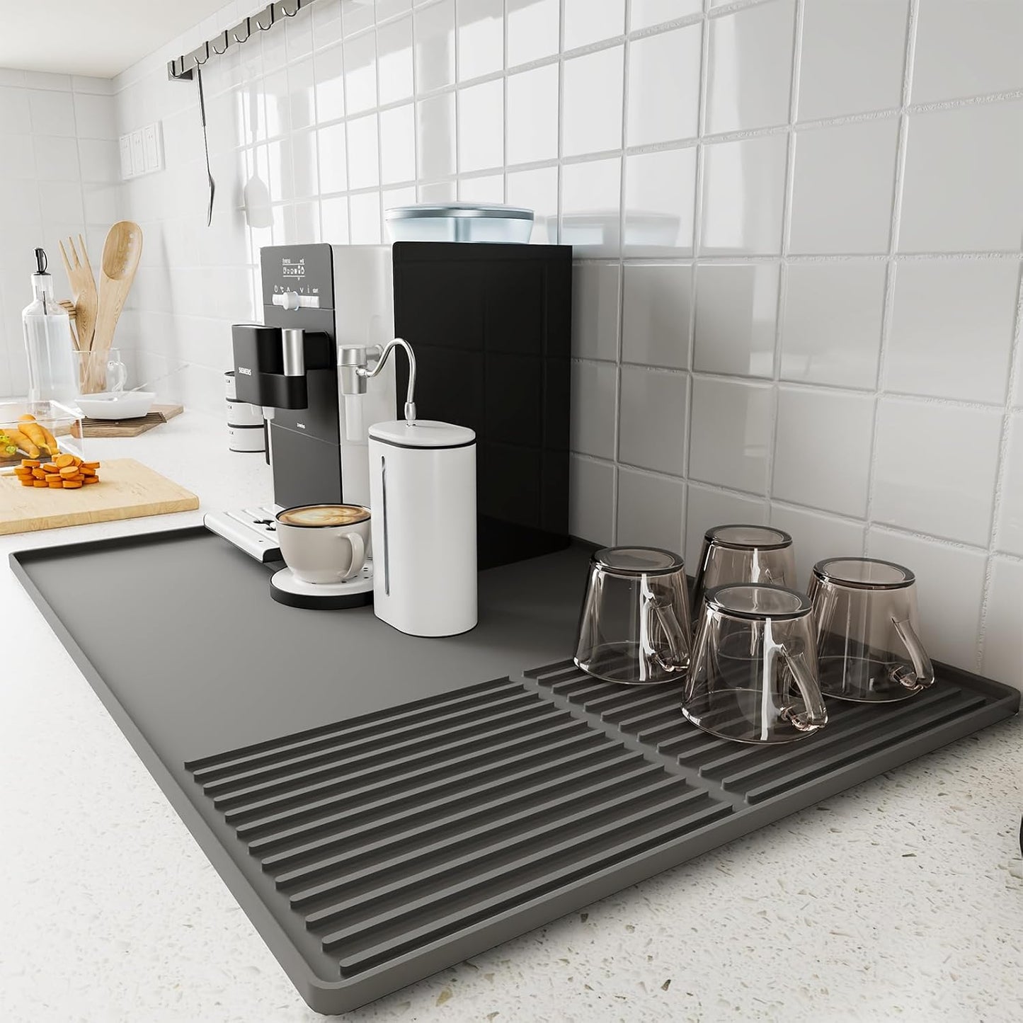 Silicone Coffee Mat with Raised Edges, 24'' x 16'' Bar Mat for Countertops, Fits Under Coffee Maker, Espresso Machine, Dish Drying Mat, Gray