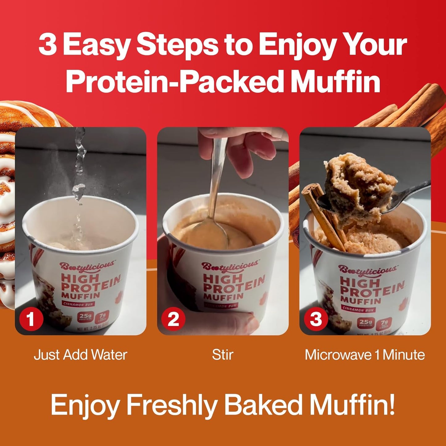Bootylicious | High-Protein Muffin | 25g Protein, 7g Net Carbs, 2.32-2.75oz Cup, 12-Pack (Cinnamon Bun)