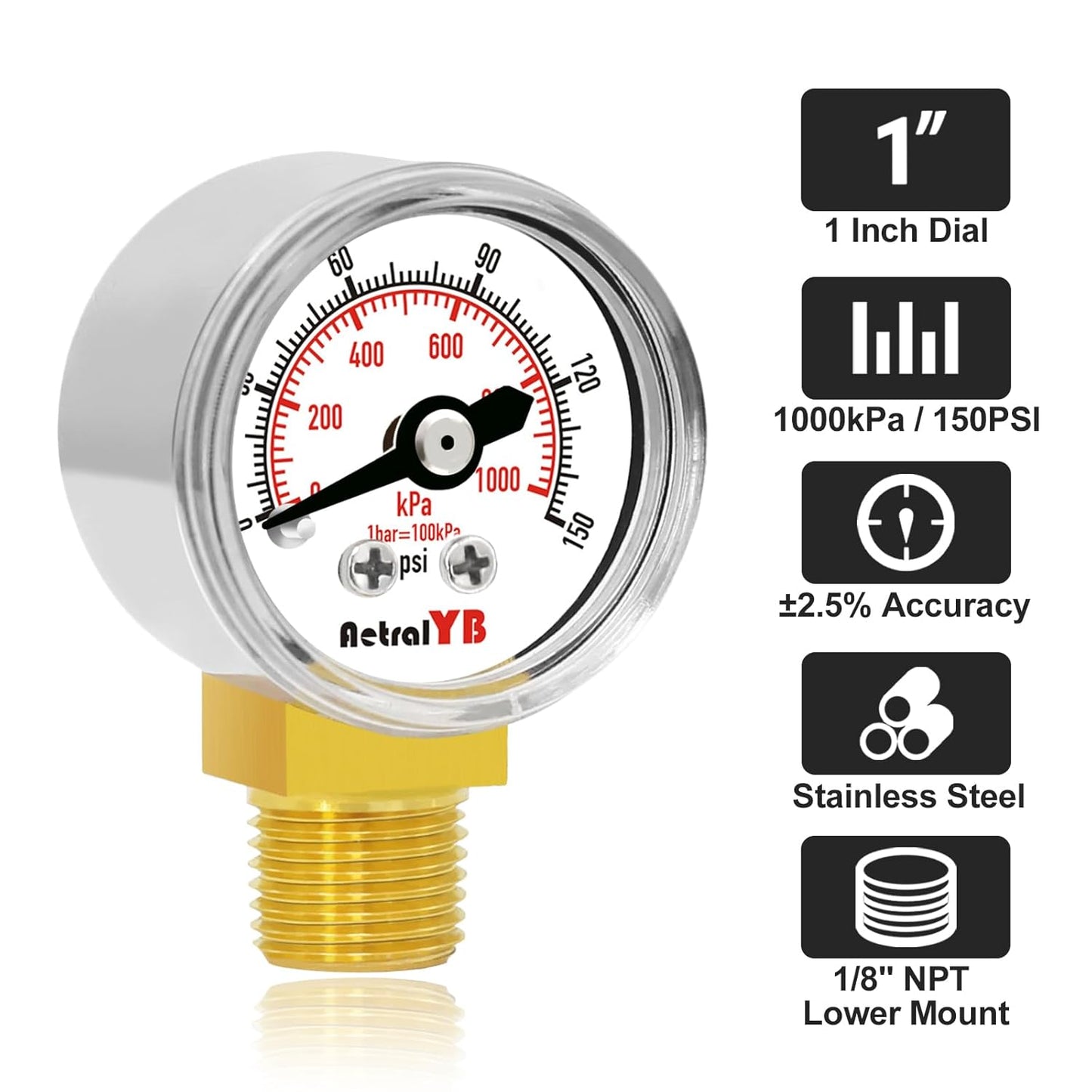 1-Inch Mini Pressure Gauge, 0-150 PSI / 0-1000 kPa, High-Pressure Dual-Scale Air Pressure Gauge, Stainless Steel Case, 1/8” NPT Bottom Mount for Hydraulics and Compressed Air Systems
