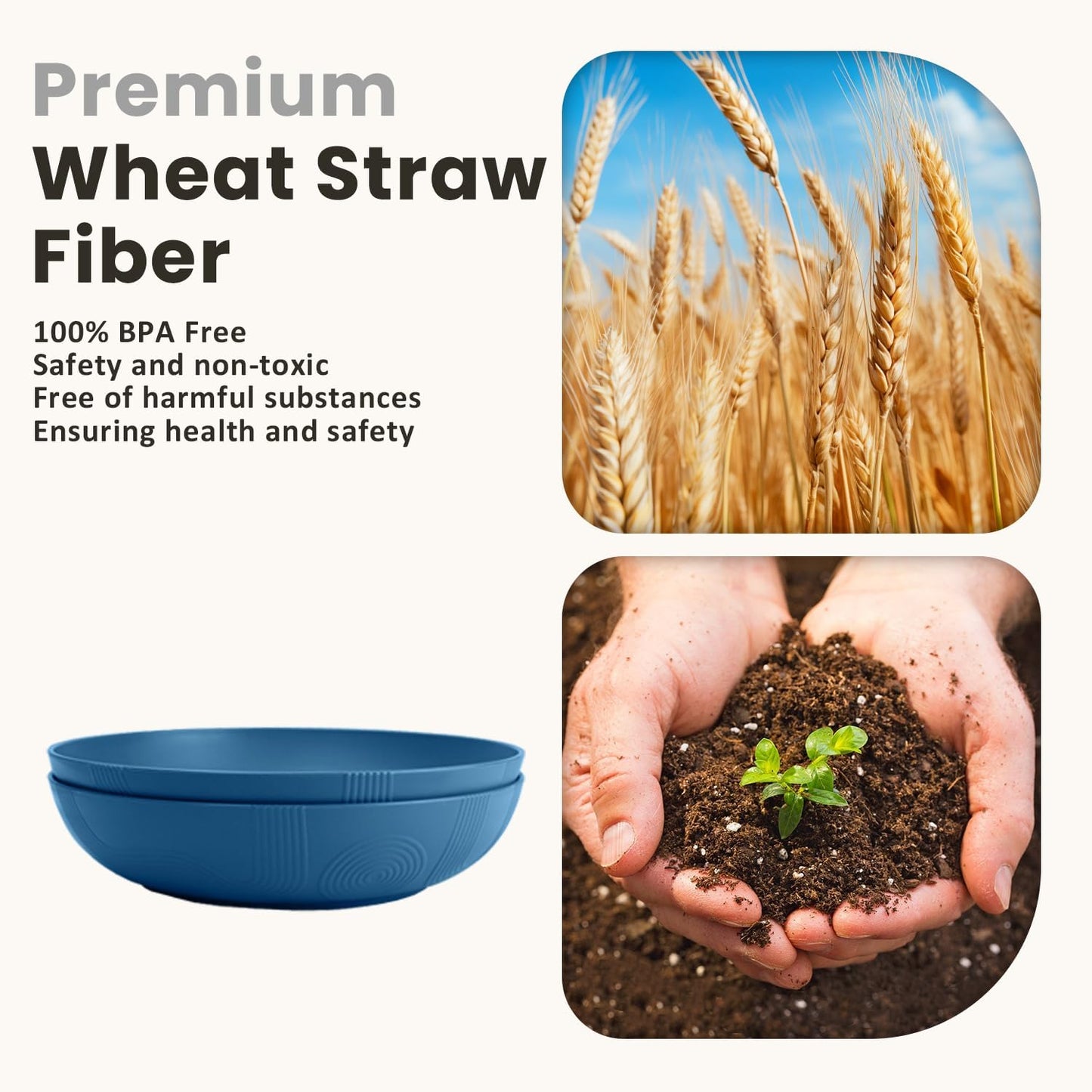 Homienly Wheat Straw Bowls, Salad Bowls, Serving Bowls for Kitchen, Camping, Picnic, Fruit, 60 OZ Large Capacity, Microwave and Dishwasher Safe, Set of 2 (Blue)