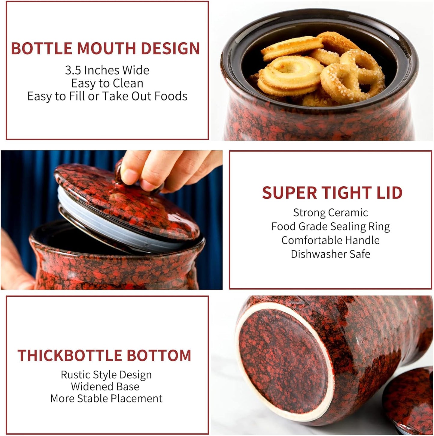 Hasense Ceramic Food Storage Jar, Coffee Canister with Lid, Cookie Candy Jar for Kitchen and Home, Serving for Dog Treat Sugar Loose Tea Flour Coffee Beans, 30 FL OZ(Red)