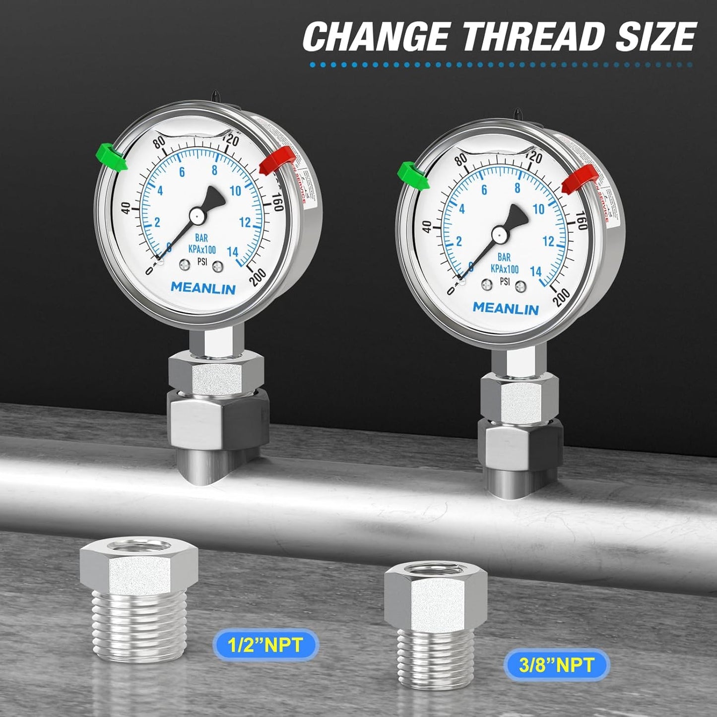 MEANLIN MEASURE 0~200Psi Stainless Steel Liquid Filled Pressure Gauge 2.5" FACE DIAL 1/4" NPT for Air Compressor Air Regulator Water Filter Lower Mount with Stainless Steel Hex Bushing and Snaps