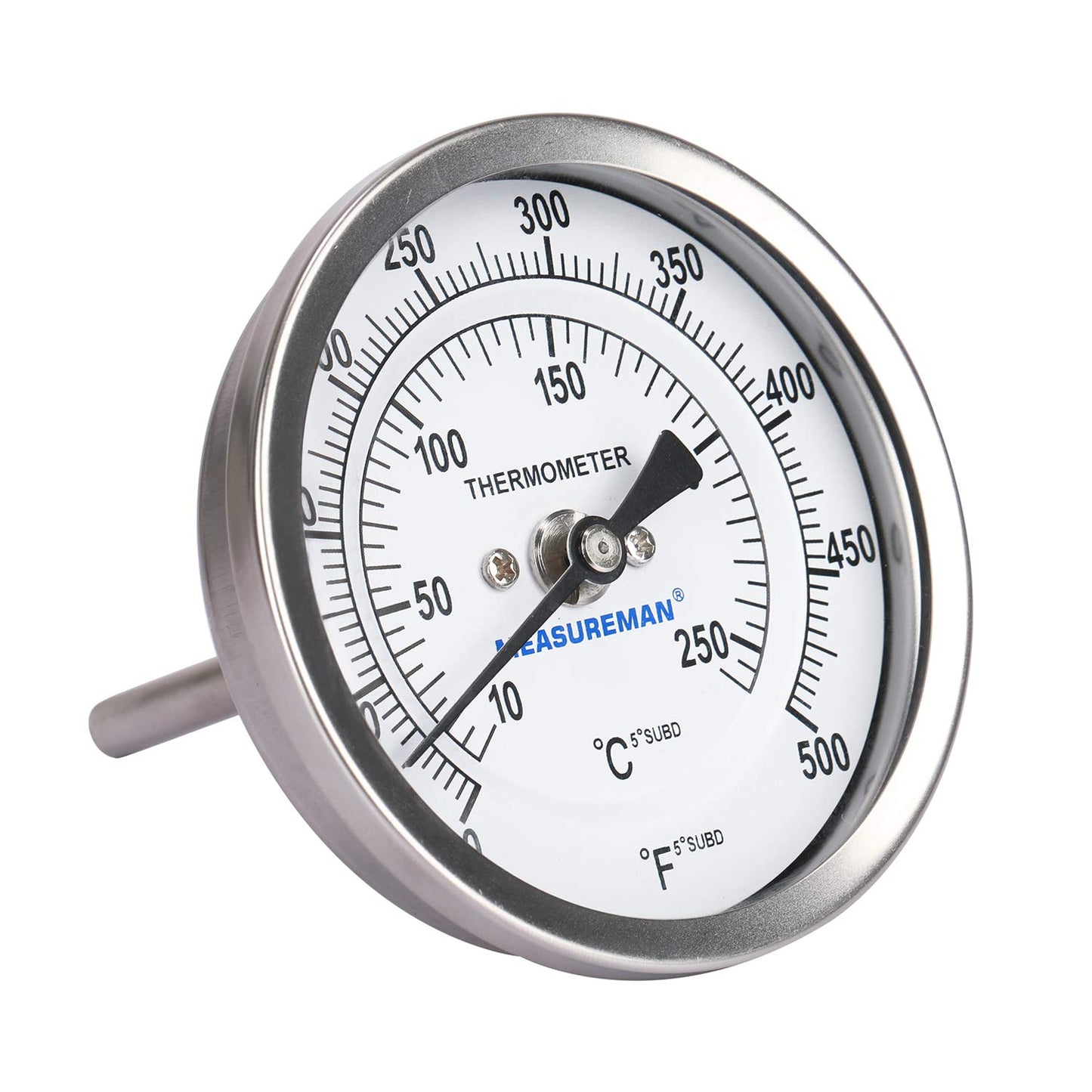 Measureman Fully Stainless Steel Bimetal Dial Thermometer, 3" Dial, 2-1/2" Stem, 50-500 deg F/10-260 deg C, -1% Accuracy, Adjustable, 1/2" NPT Back Mount