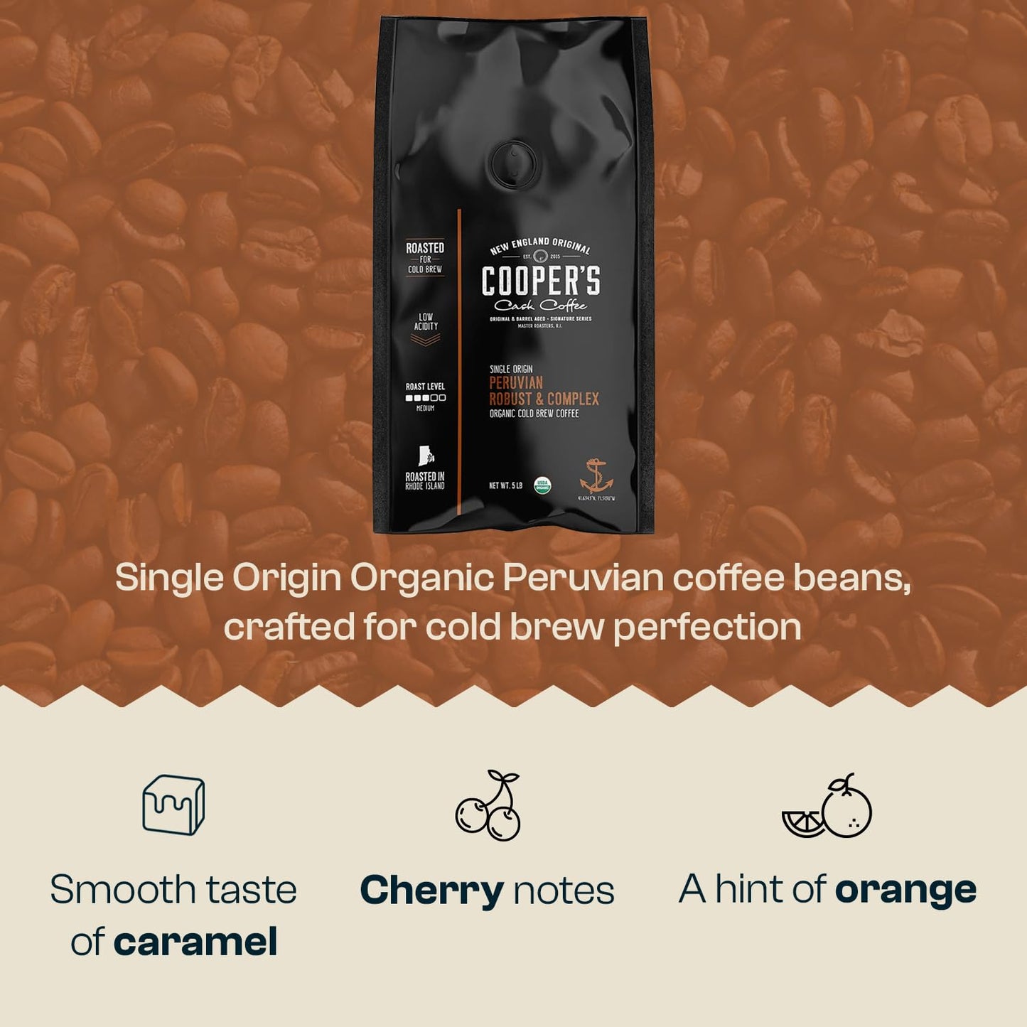 Organic Cold Brew Coffee Peru Reserve Single Origin Peruvian Coarsely Whole Bean - 5 lb. Bag - Medium Roast