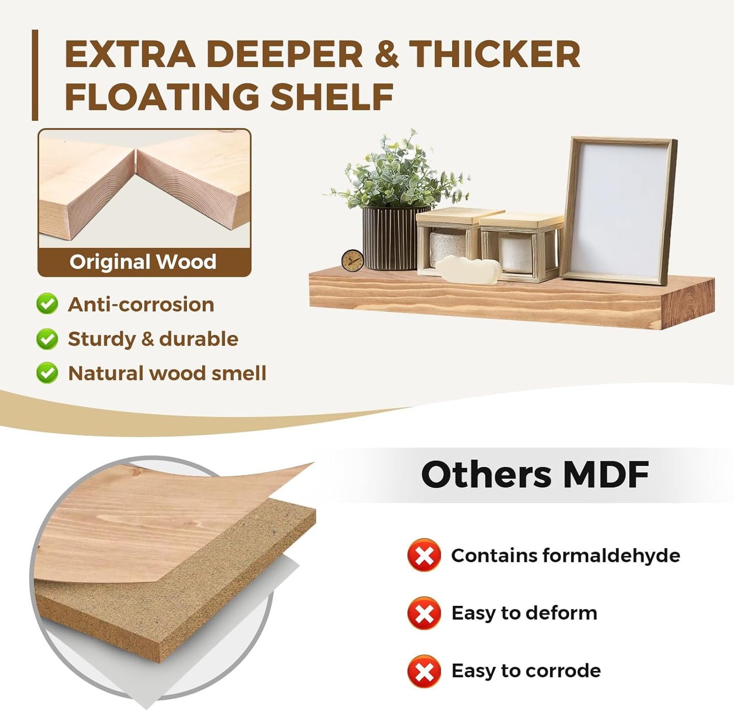 17x8x1.6 inch Floating Shelves Set of 2 – Solid Wood Rustic Oak Wall Mounted Shelf for Kitchen, Bathroom, Living Room