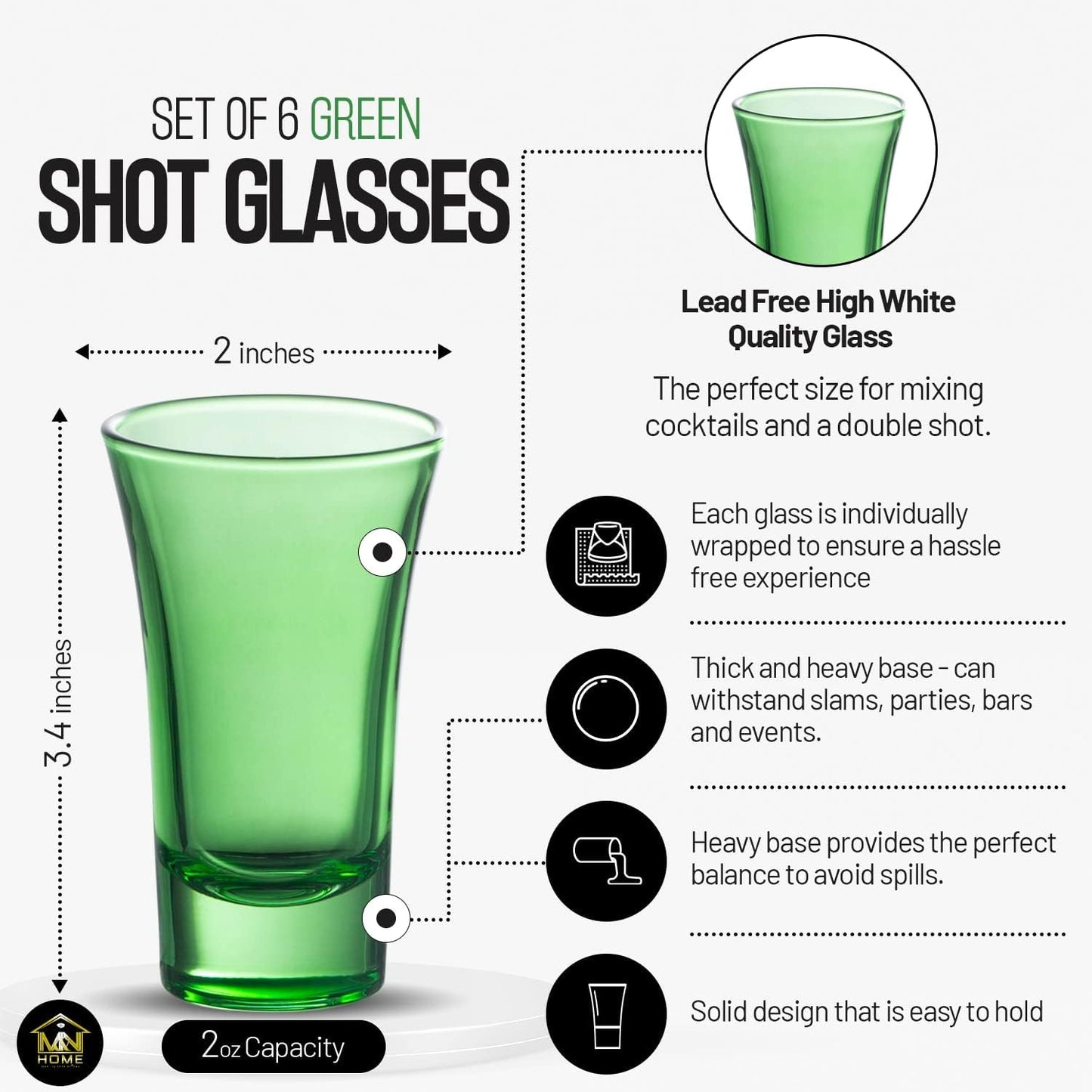 M&N HOME Green 2 Oz Shot Glasses, Set of 6, Heavy Base, Christmas Gift