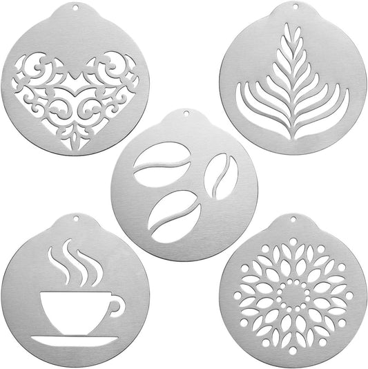 5Pcs Stainless Decorating Stencils, Metal Foam Latte Art Templates, Reusable Cappuccino Chocolate Templates Coffee Garland Mould Cake Decorating Tool