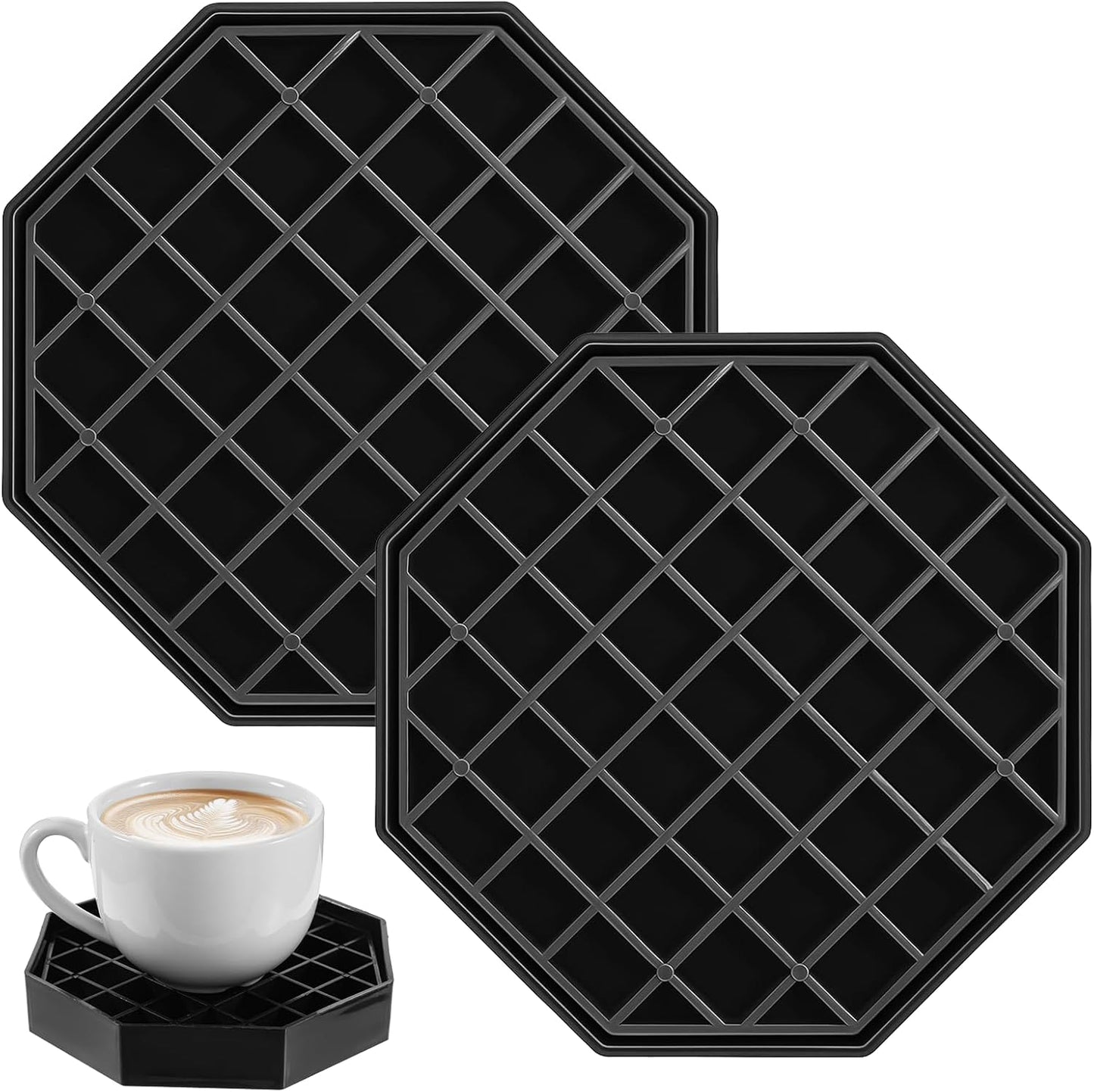 2 Pcs Coffeecountertop Octagon Driptrays, Coffee Drips Tray, 4" Drip Trays, Black Plastic Drips Tray Coaster with Honeycomb Grid for Coffee Station or Kitchen Drink Tea Wine Spill Protection