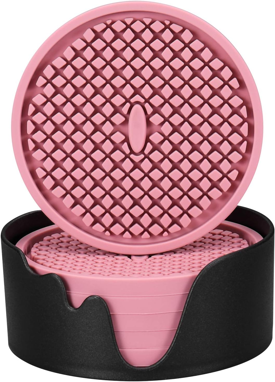 ME.FAN Silicone Coasters [6 Pack] Thickened Drink Coasters with Holder - Cup Mat - Non-Slip, Non-stick, Stay Put, Deep Tray - Prevents Furniture and Tabletop Damages(Pink)