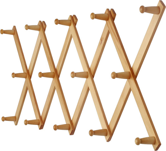 Dseap Accordian Wall Hanger: 16” High Wooden Wall Expandable Coat Rack, Hat Rack Holder, Accordion Hook for Baseball Caps, Coats, Mugs, 14 Peg Hooks, Natural