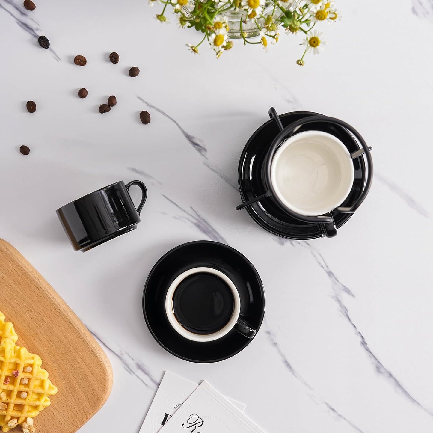 8oz Porcelain Stackable Cappuccino Cups with Saucers and Metal Stand Set of 4, Coffee Cups for Espresso, Specialty Coffee Drinks, Latte, Americano and Tea - Black