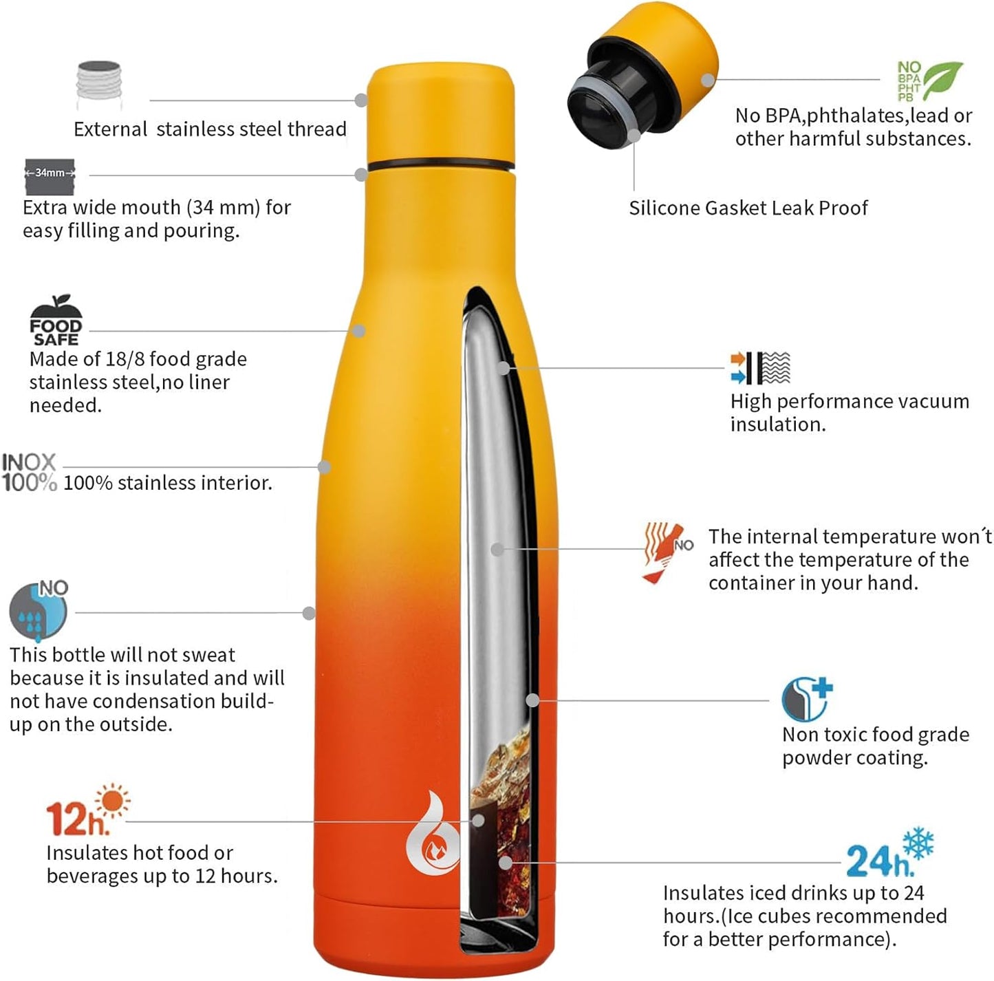 BJPKPK Insulated Water Bottle 17oz Stainless Steel Water Bottles Dishwasher Safe Reusable Metal Thermos Keep Cold and Hot,Sunset Orange