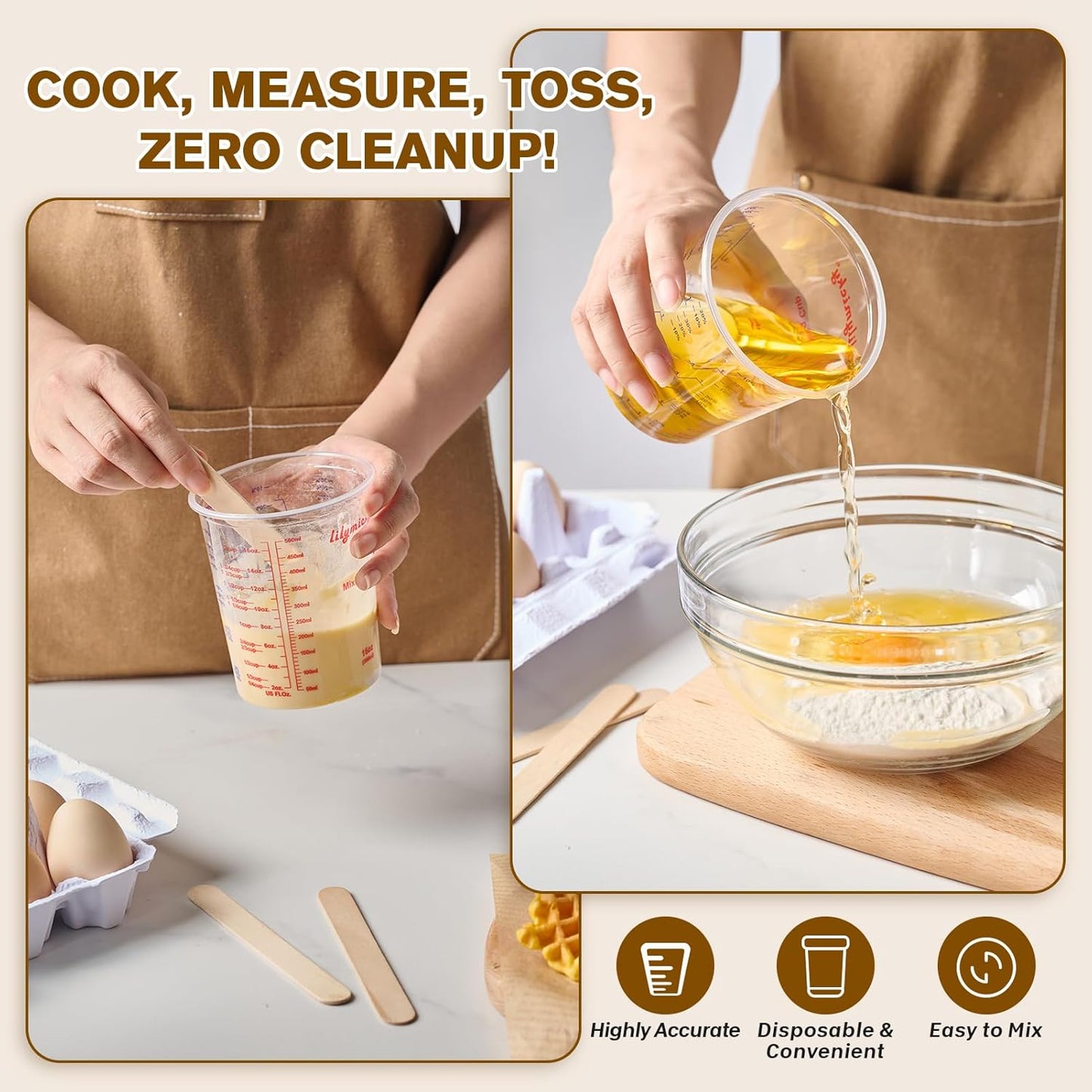 16 oz Plastic Mixing Cups, 50 Pack 16 oz (500ml) Disposable Measuring Cups with 50 Wooden Mixing Sticks, Can Be Used for Epoxy Resin, Liquid Measuring, Paint, Cooking and Baking