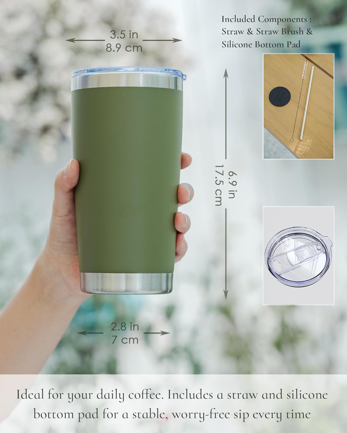 Travel Coffee Tumbler 20oz, 8 Pack Leakproof Travel Coffee Mug with Lid and Straw, Stainless Steel Double Wall Vacuum Insulated Tumbler for Hot/Iced Drinks (Textured Matte, Army Green)