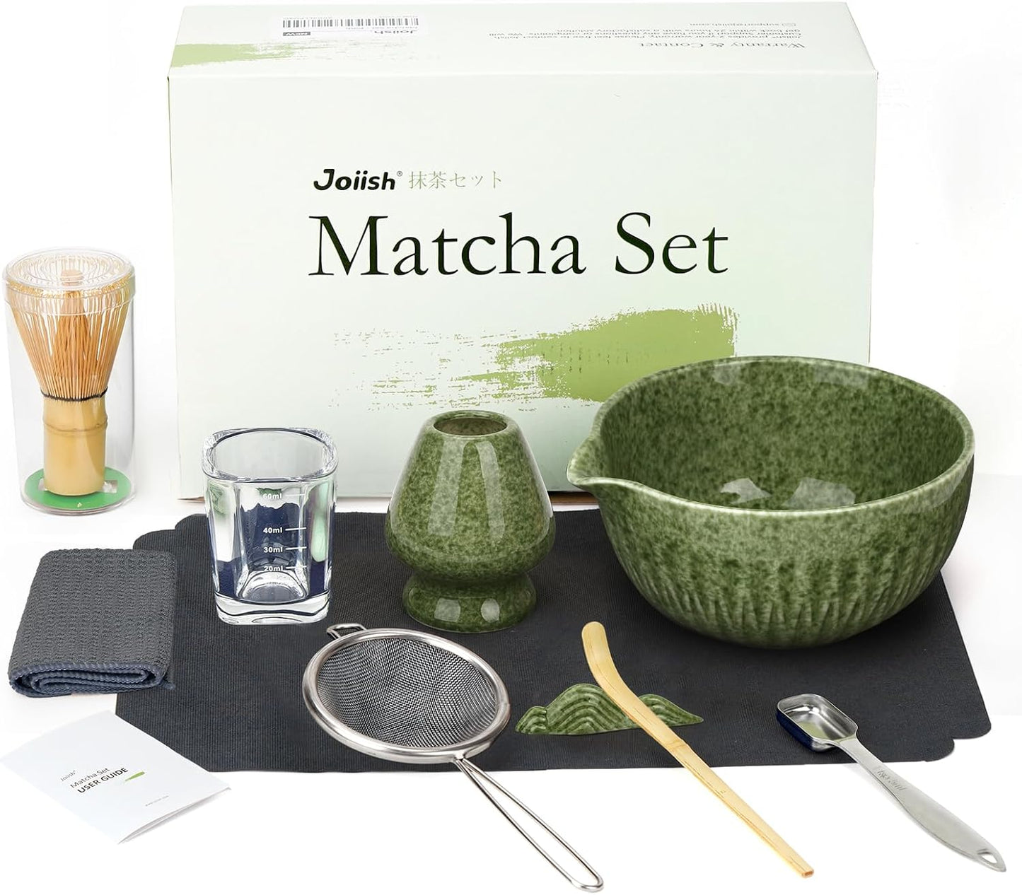 10-Pcs Matcha Kit Set, Whisk and Bowl with Spout & Measuring Spoon, Japanese Tea Making Tools, Complete Matcha Gift Set for Starter, Mottled Green