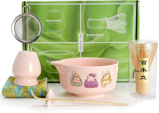 Matcha Whisk Set, 7 Pcs Pink Matcha Set Includes Matcha Bowl,Matcha Whisk and Holder, Bamboo Scoop, Scoop Rest, Sifter and Tea Towel -Matcha Kit for Matcha Lovers