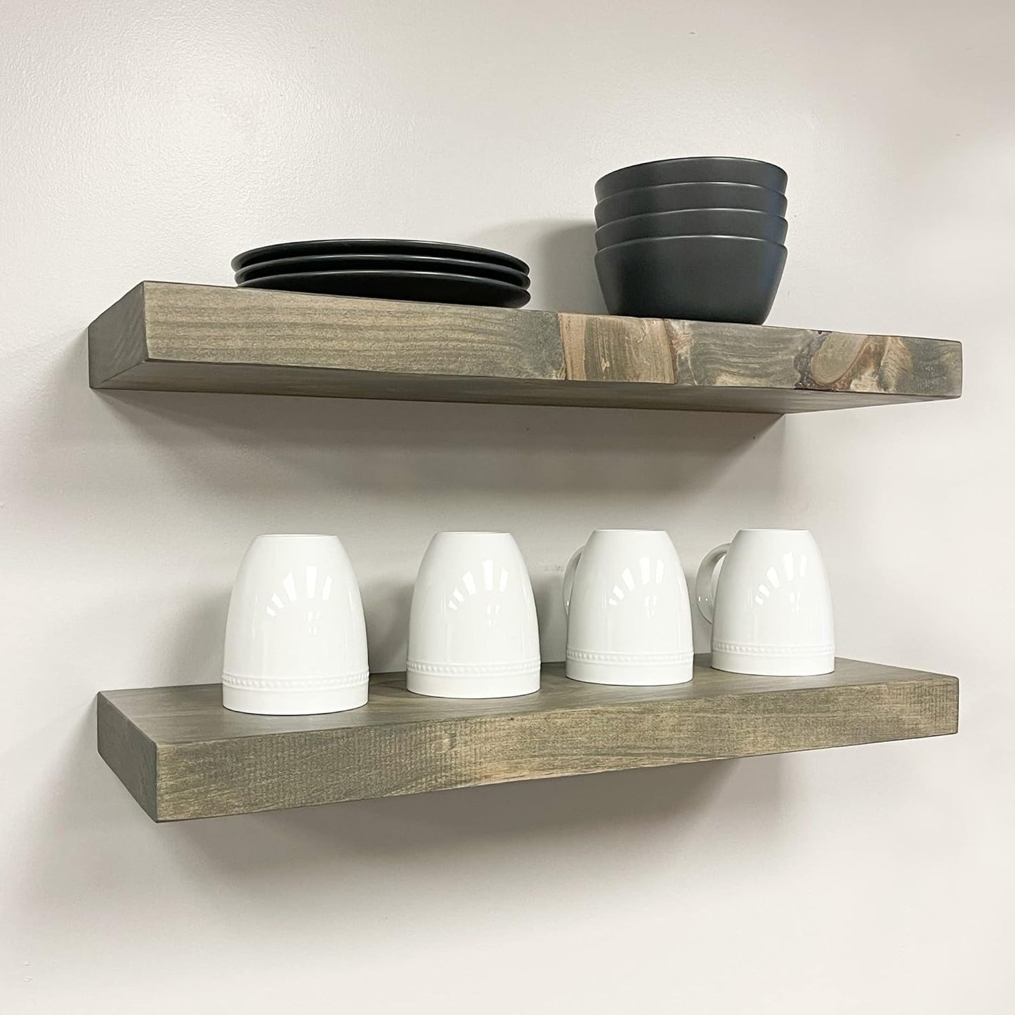 URBANDI, Rustic Floating Shelves, Set of 2, Hidden Bracket, Solid Wood, Heavy Duty, Wall Mounted Shelves, (Grey, 36Wx10D)