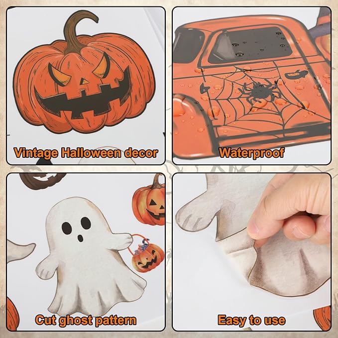 Vintage Halloween Window Clings 6 Sheets, Large Retro Spooky Ghost J-O-Lantern Pumpkin Reusable Window Decals Stickers for Home Halloween Party Decorations Supplies (Ghost)
