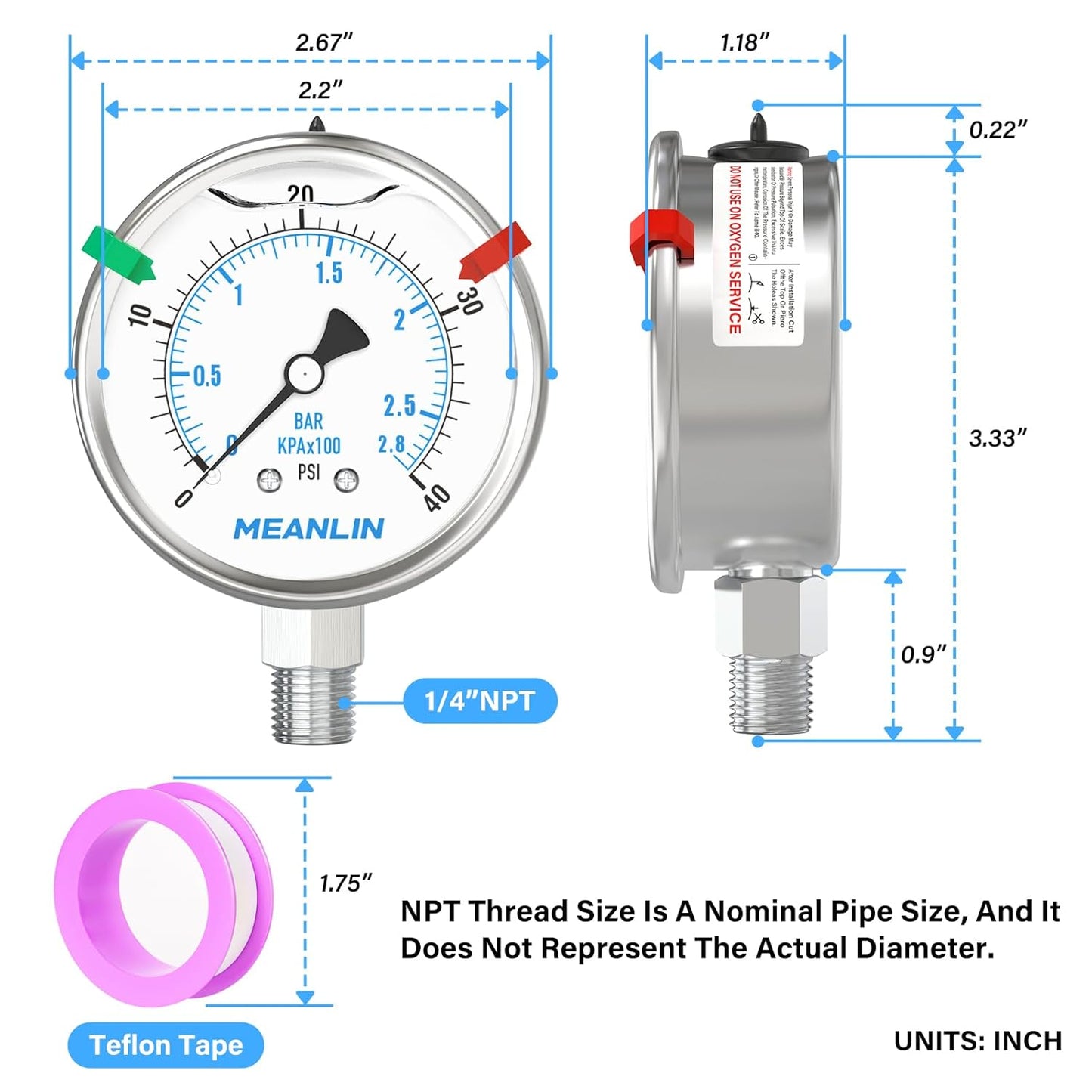 MEANLIN MEASURE 0~40Psi Liquid Filled Pressure Gauge Stainless Steel 2.5" FACE DIAL 1/4" NPT 316 Stainless Steel Joint for Pool Sand Filter Water Oil Air Pressure Test Lower Mount, with 2PCS Snaps