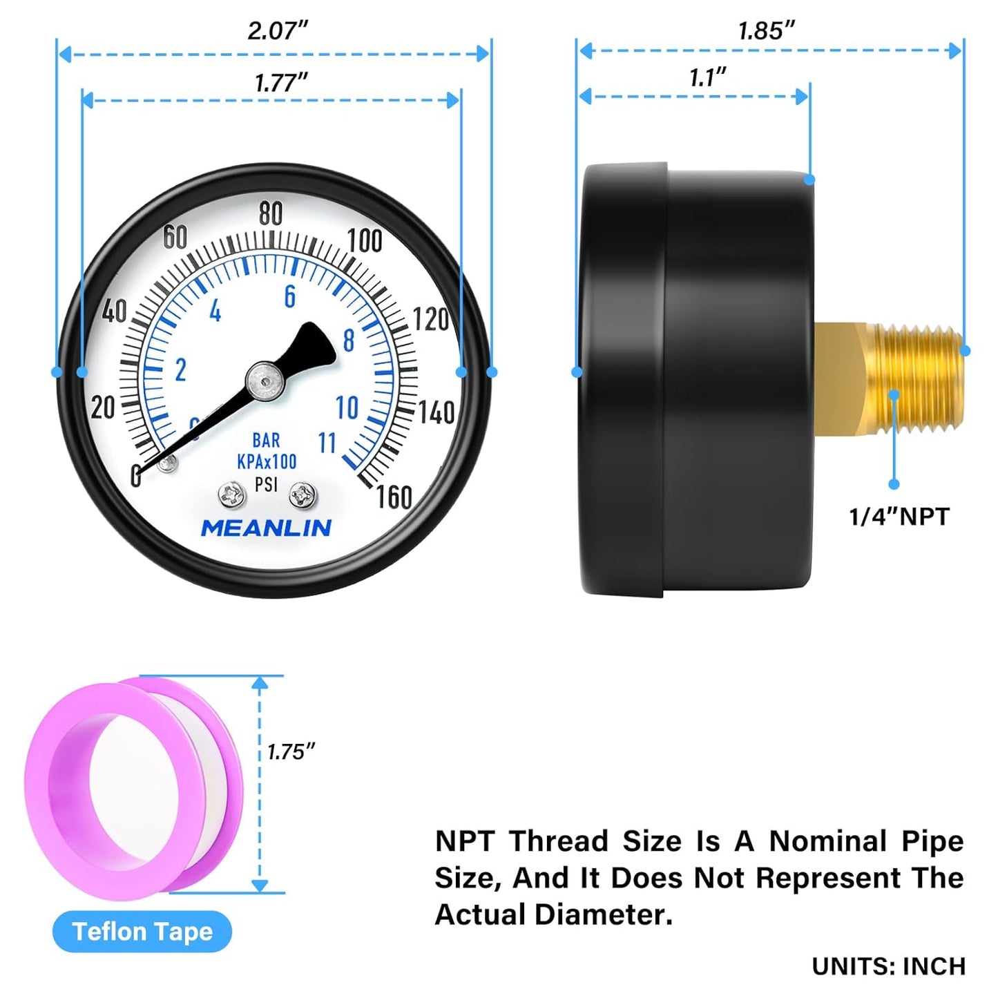 MEANLIN MEASURE 0-160Psi Well Pump Pressure Gauge 1/4" NPT 2" FACE DIAL for Air Compressor RV Regulator Water Pressure Tester Back Mount, with Teflon Tape