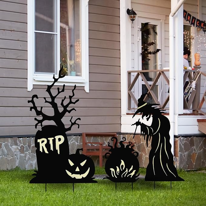 Halloween Yard Signs Outdoor Decorations，3 Pack Warerproof Scary Witch Tombstone Cauldron Fluorescent Metal Stakes Glow in The Dark for Lawn Garden Halloween Decor (Witch Tombstone Cauldron)