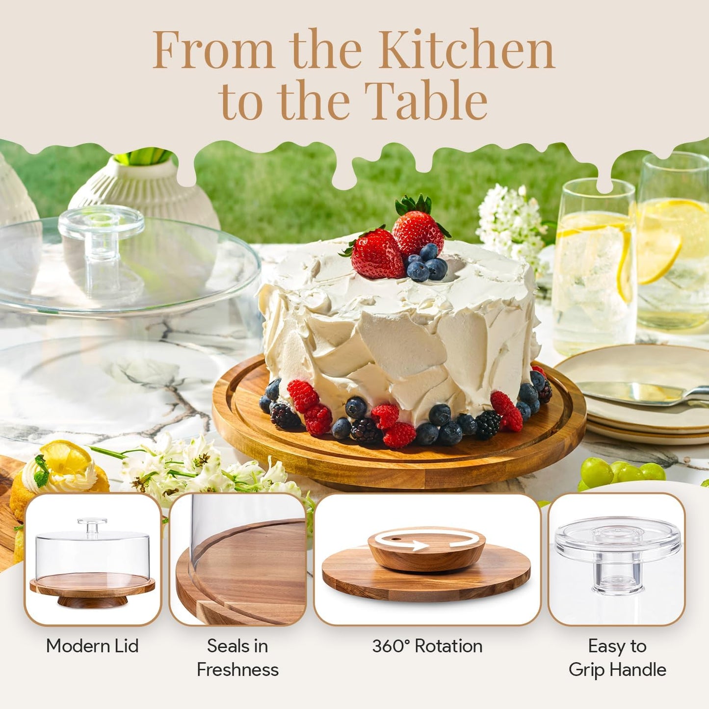 Rotating Cake Stand With Lid - 12 Inch Round Cake Holder with Cover, 4” Tall, Acacia Wood Spinning Cake Turntable for Decorating, Display and Serving Platter, Acrylic Cake Dome, No Glass