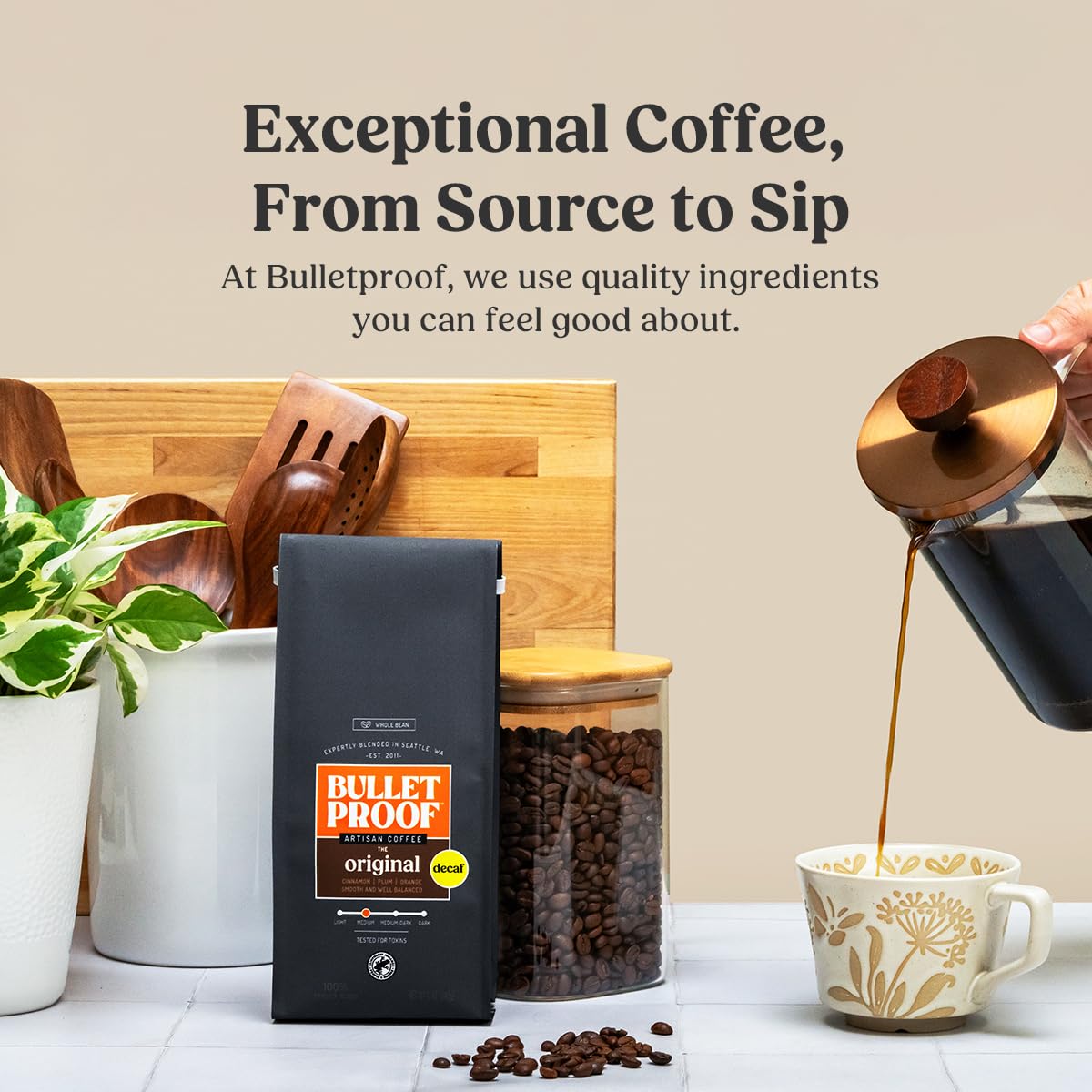 Bulletproof Original Medium Roast Whole Bean Decaf Coffee, 12 Ounces (Pack of 3), 100% Arabica Coffee Sourced from Central and South America