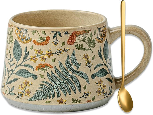 Floral Coffee Cup, 12oz Ceramic Hand Painted Porcelain Mug with Premium Gold Spoon, Cup for Cappuccino, Macchiato, Latte, Cafe, Tea, Unique Gift Idea (Summer's Whispers)