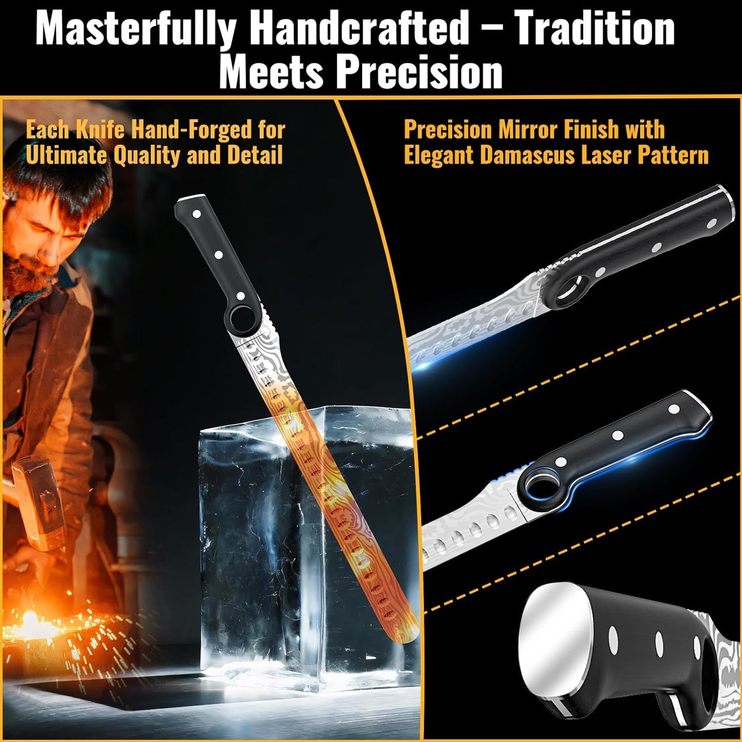 12-Inch Slicing Carving Knife with Unique Grip Ring & Non-slip Serrated Spine | Ultra-Sharp High-Carbon Stainless Steel Blade & Damascus Pattern for Brisket Meat Cutting | Pakka Wood Handle