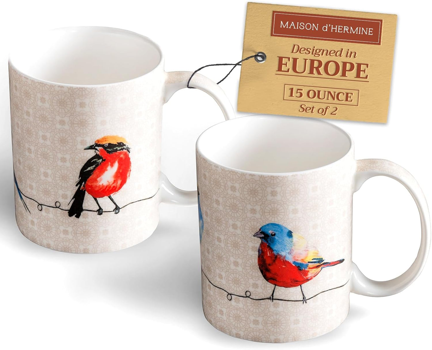 Maison d' Hermine Coffee Mug with Handles Fine Bone China Mugs Pack of Two Tea Cups for Hot Beverages Cappuccino Latte Home Restaurant Office Perfect for Gift (Birdies On Wire, 15 Ounce)