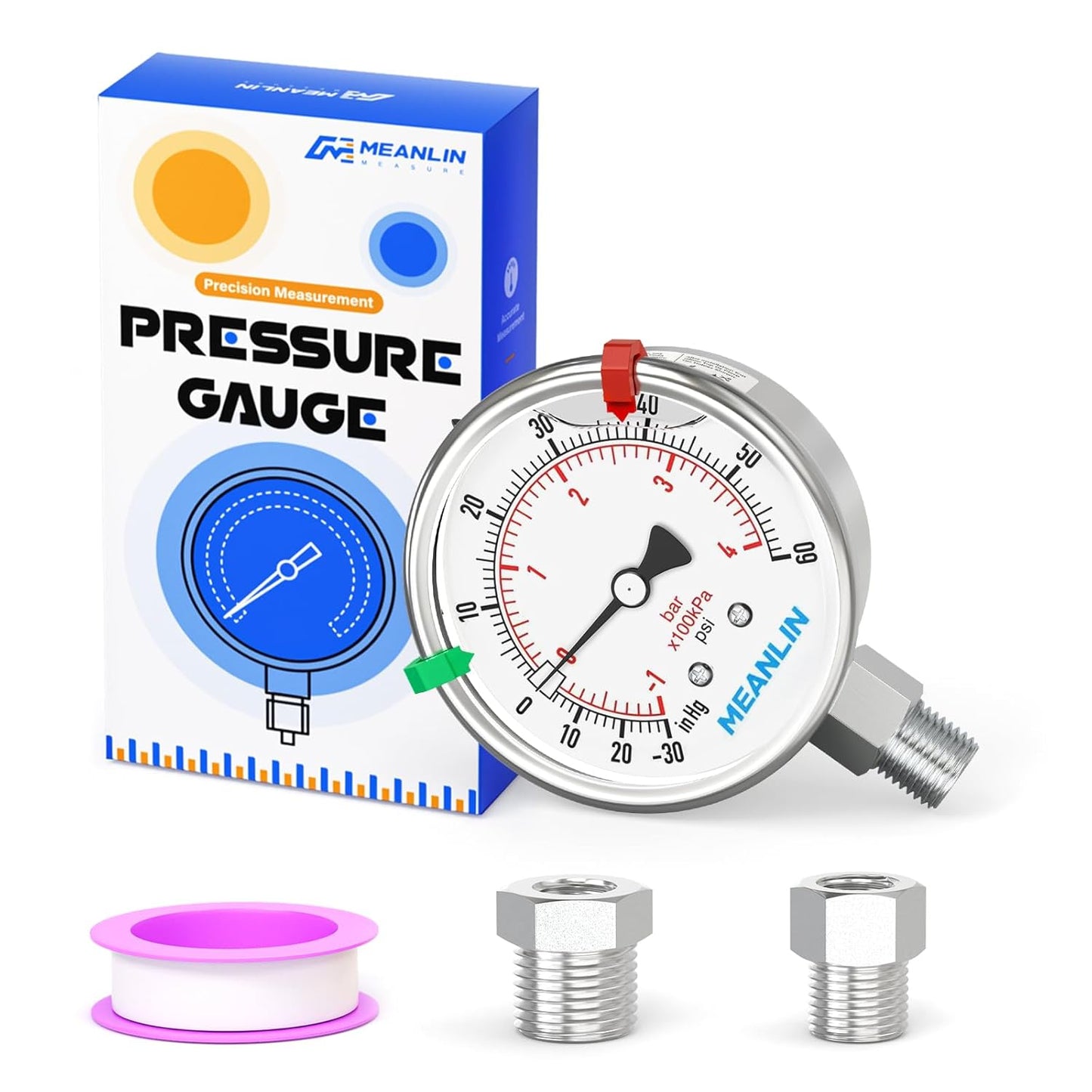 MEANLIN MEASURE -30inHG~60Psi Vacuum Pressure Gauge 316 Stainless Steel Joint 1/4"NPT 2.5"FACE DIAL, Liquid Filled Pressure Gauge WOG Water Oil Air Lower Mount with Stainless Steel Hex Bushing, Snaps