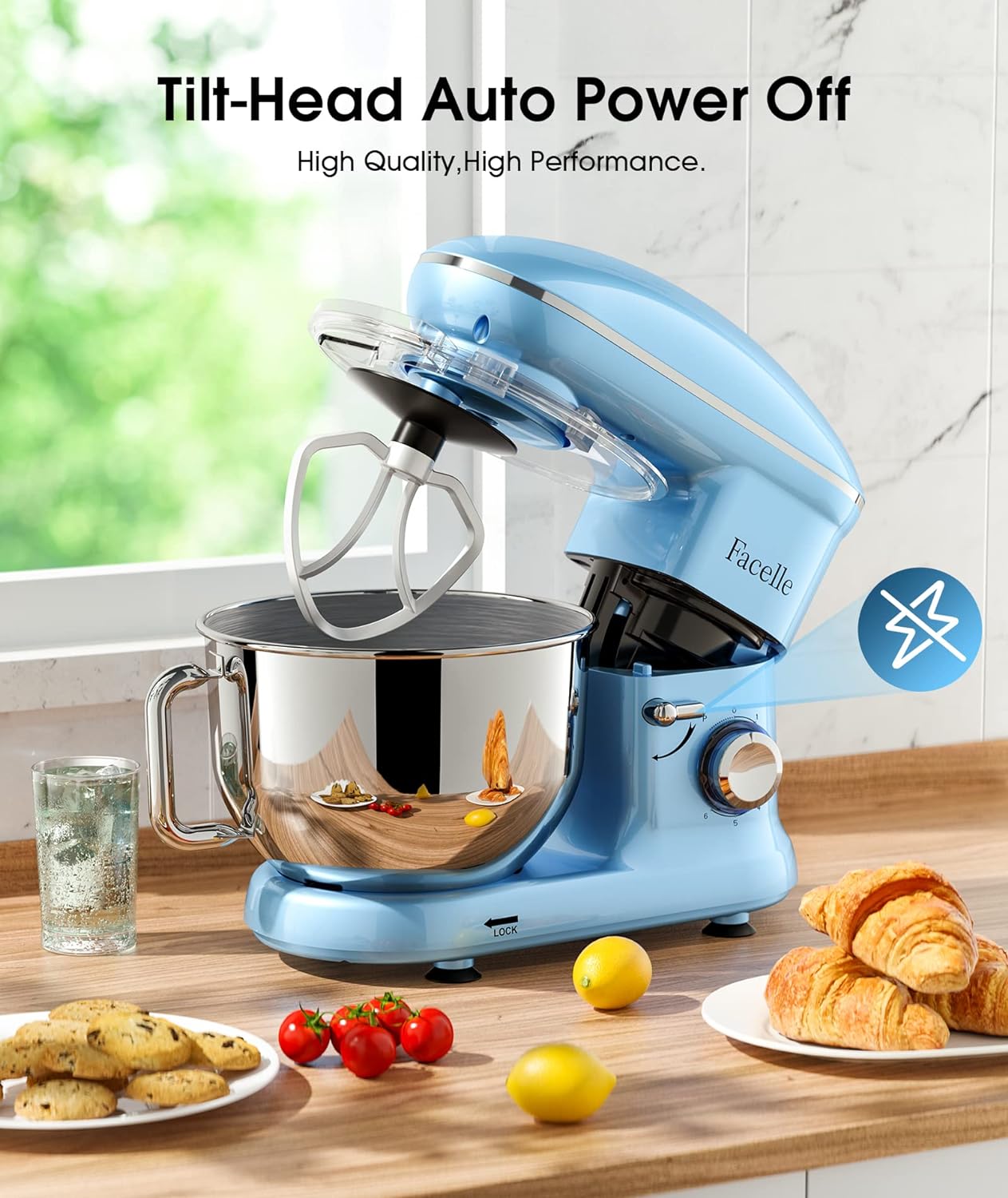Facelle Stand Mixer, Electric Kitchen Mixer, 660W 6 Speed Tilt-Head stand mixer with Pulse, Attachments include 6.5QT Bowl, Dishwasher Safe Beater,Dough Hook,Whisk for Dough,Baking,Cakes,Cookie - Blue