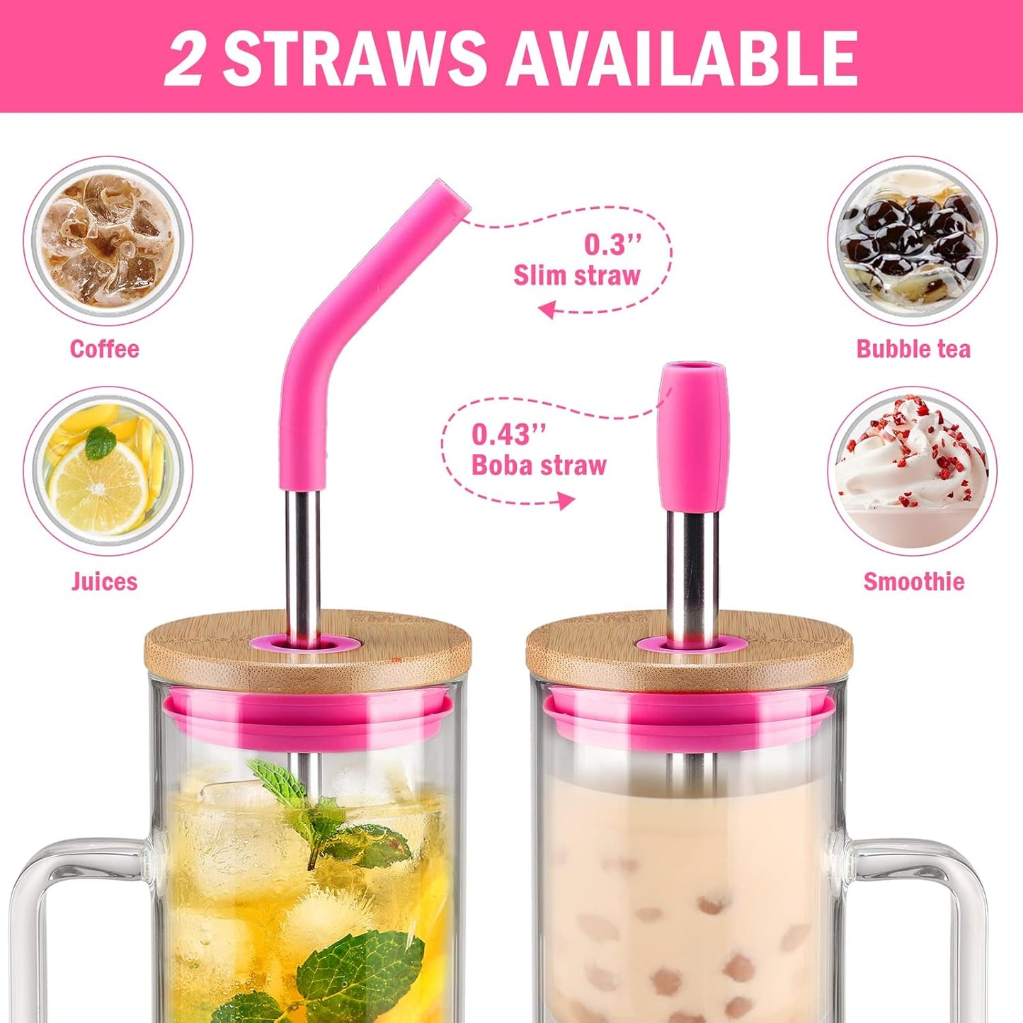 Kodrine Tumbler with Lid and Straw, 20 oz Glass Coffee Tumbler with Handle, Smoothie Cup with Bamboo Lid | Time Marker | Silicone Protective Sleeve, BPA Free -Rose Red