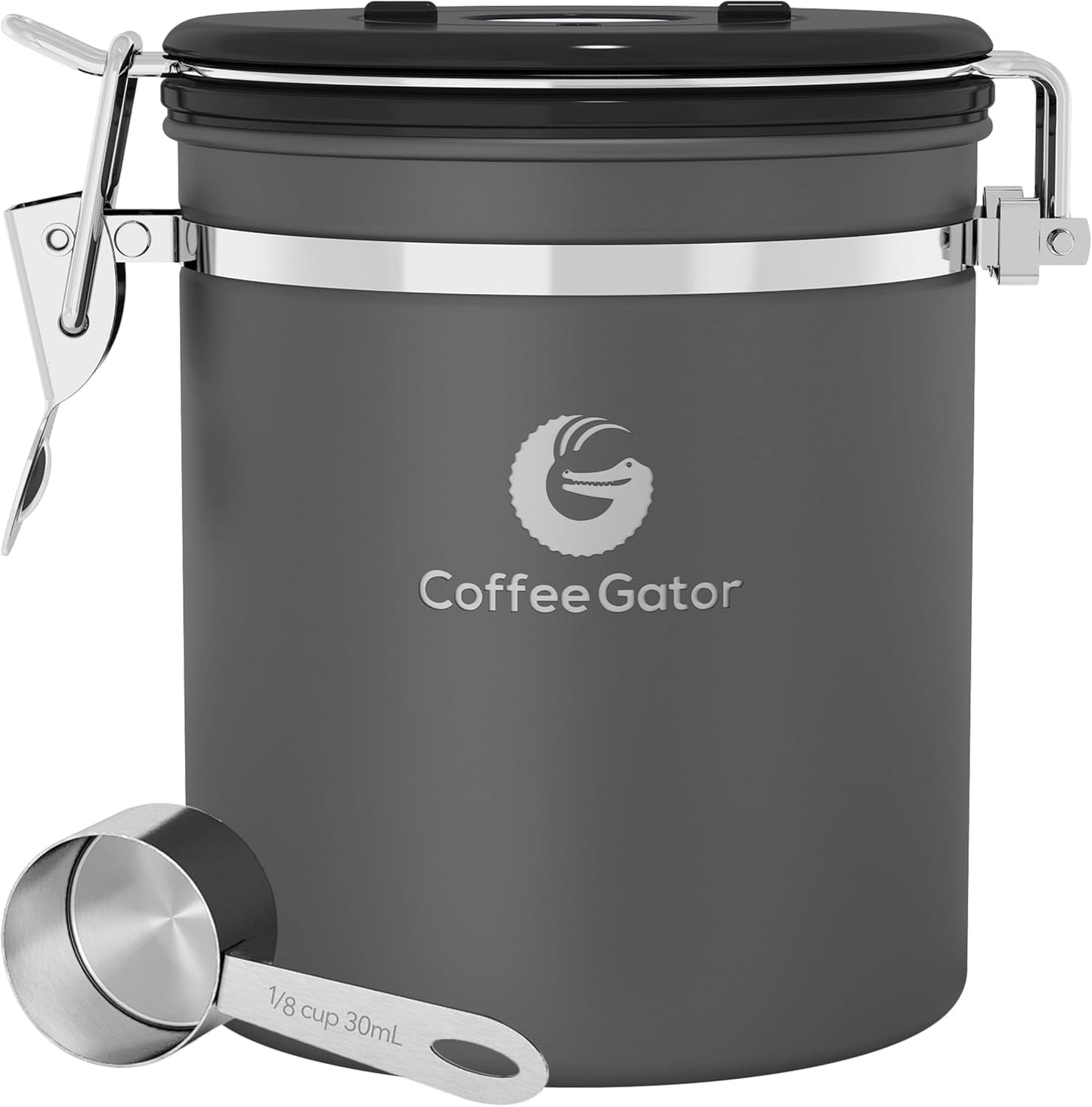 Coffee Gator Stainless Steel Canister - Medium 16oz, Gray Coffee Grounds and Beans Container with Date-Tracker, CO2-Release Valve, and Measuring Scoop - Ideal Coffee Lovers Gifts