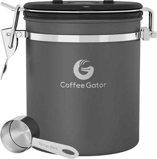Coffee Gator Stainless Steel Canister - Medium 16oz, Gray Coffee Grounds and Beans Container with Date-Tracker, CO2-Release Valve, and Measuring Scoop - Ideal Coffee Lovers Gifts