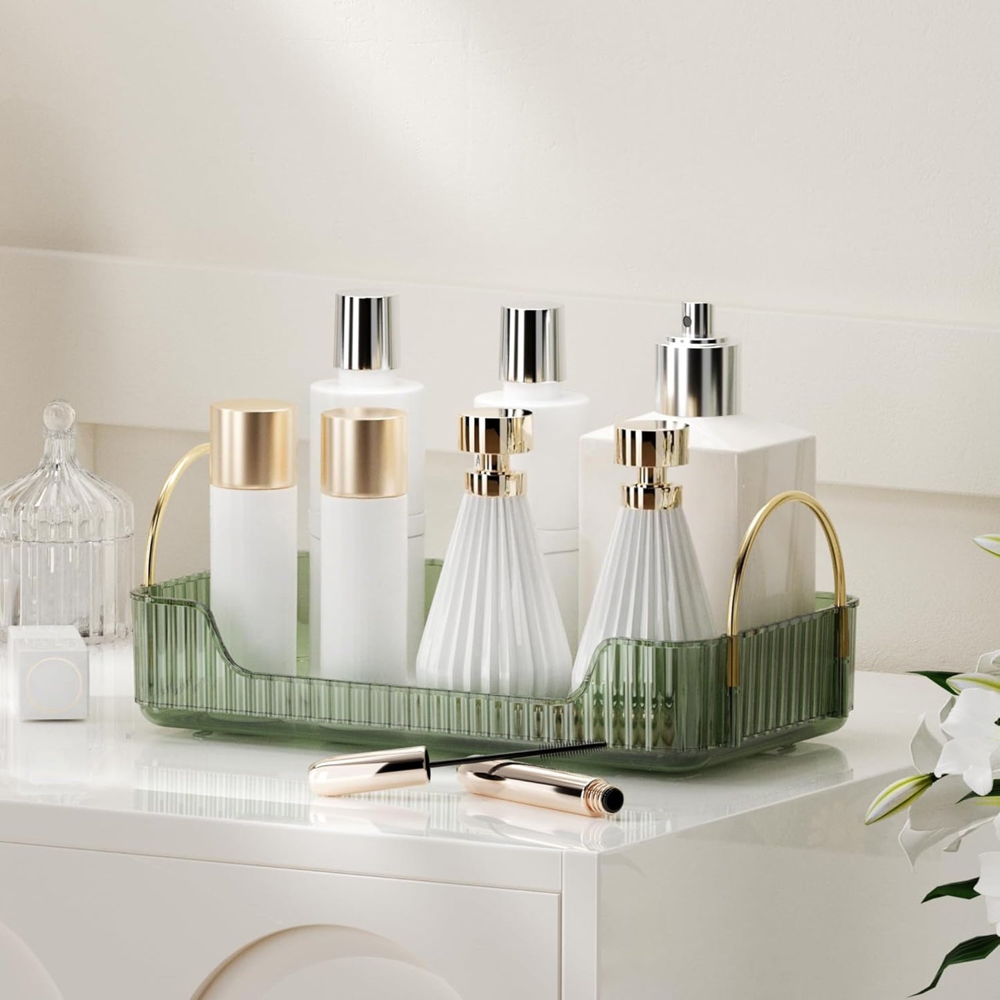 YCIA&DONE Bathroom Organizer Countertop, Makeup Storage, Skincare Cosmetic Tray Shelf, Perfume Holder Rack for Vanity Counter, Large Capacity, Easy to Install, Clean, 1 Tier, Vintage Green