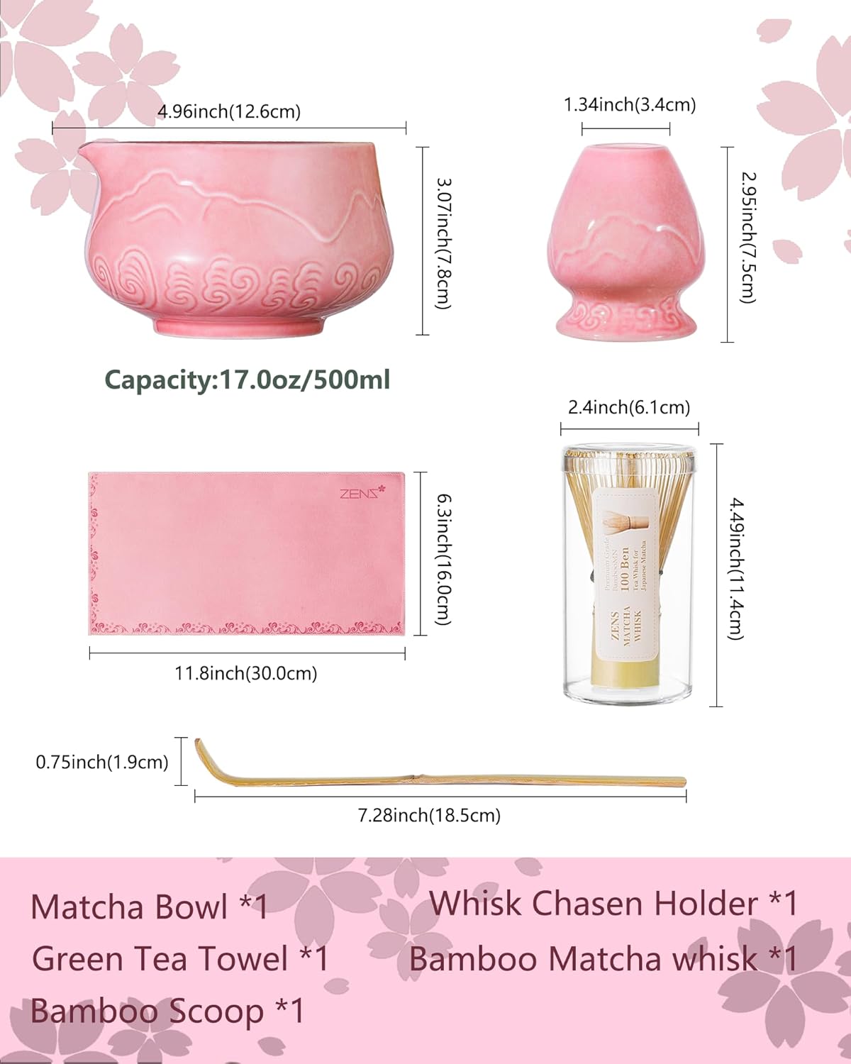 ZENS Pink Matcha Set, Matcha Whisk Set Includes Ceramic Bowl, Matcha Whisk and Chasen Holder, Bamboo Scoop-Tea Towel, 5pcs Matcha Kit Set for Matcha Lovers, Sakura Pink