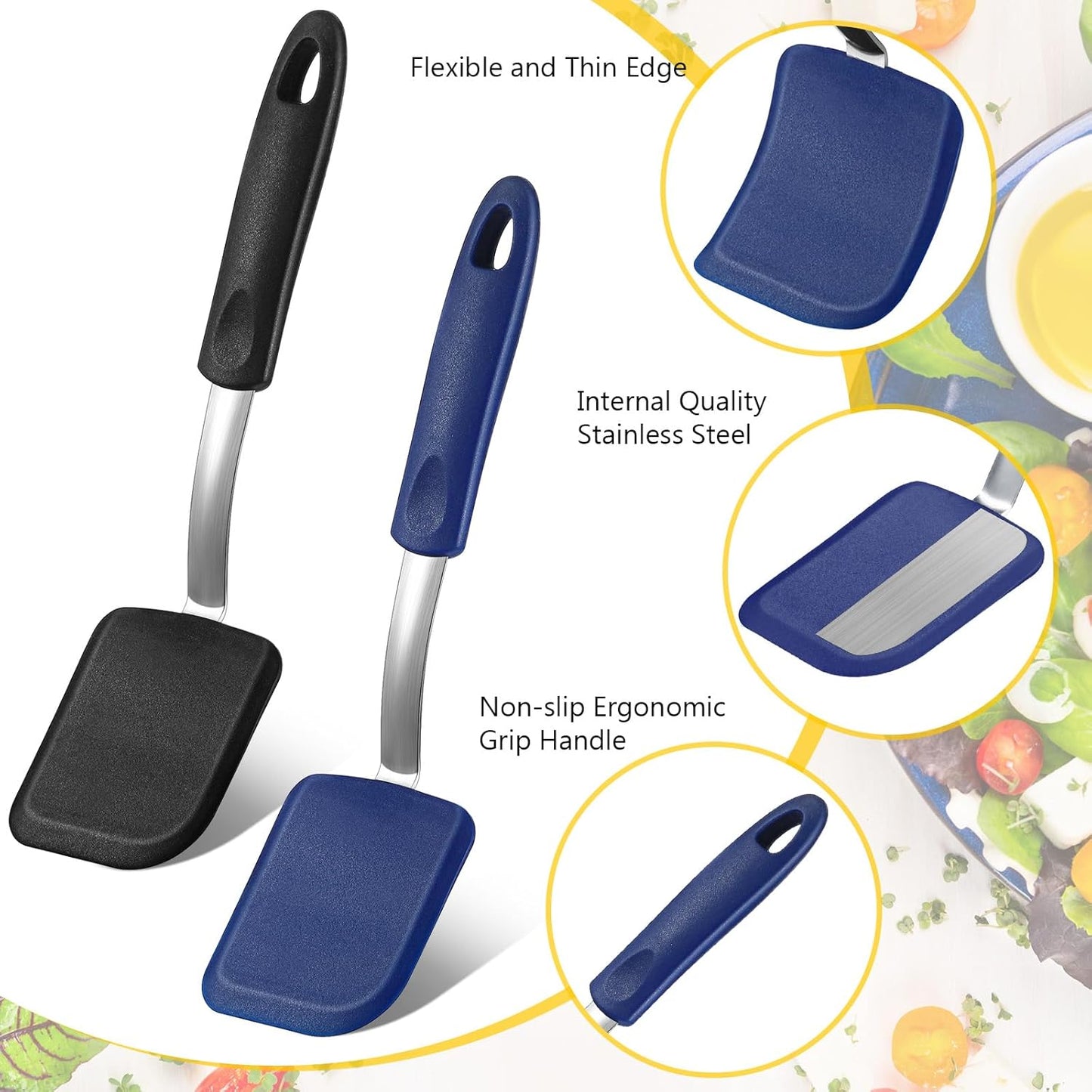 Silicone Cookie Spatula Turner 2 Pack Mini Brownie Spatula Flexible Kitchen Small Silicone Turner for Nonstick Cookware Heat Resistant No Scratch Flipper for Egg Pancake(Black,Blue)