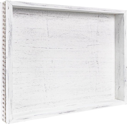 Wooden Decorative Tray, Rectangular Serving Tray with Wood Bead, Farmhouse Big Tray for Ottoman, Countertop, Coffee Tabl, 16.5" x 13"x 1.6" (Retro White)