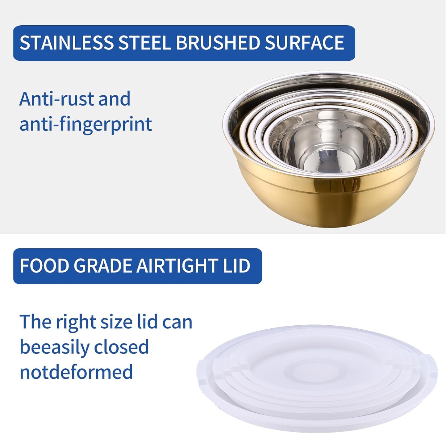 Gold Mixing Bowls With Airtight Lids,Stainless Steel Bowl,Salad Bowls 5 Piece Colorful Nesting Bowl Gold Kitchen Accessories,Size 5.5,3.6,2.7,2.1,1.5QT Stackable Design