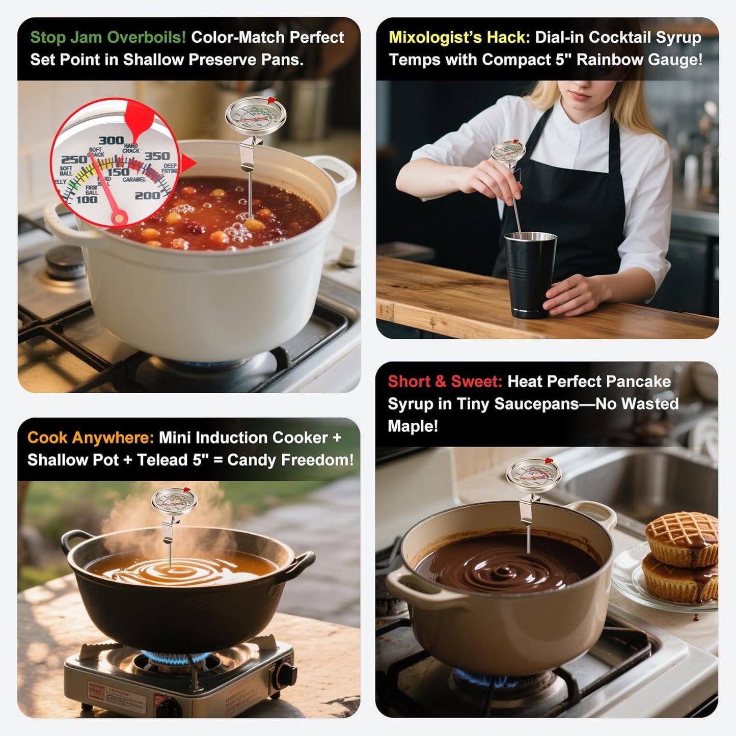 Upgraded Candy Thermometer Waterproof - Oil Thermometer for Frying with Clips - 9" Side of Pot Rainbow dial Thermometer Deep Fry for Oil Candy Candle BBQ - Silver XL